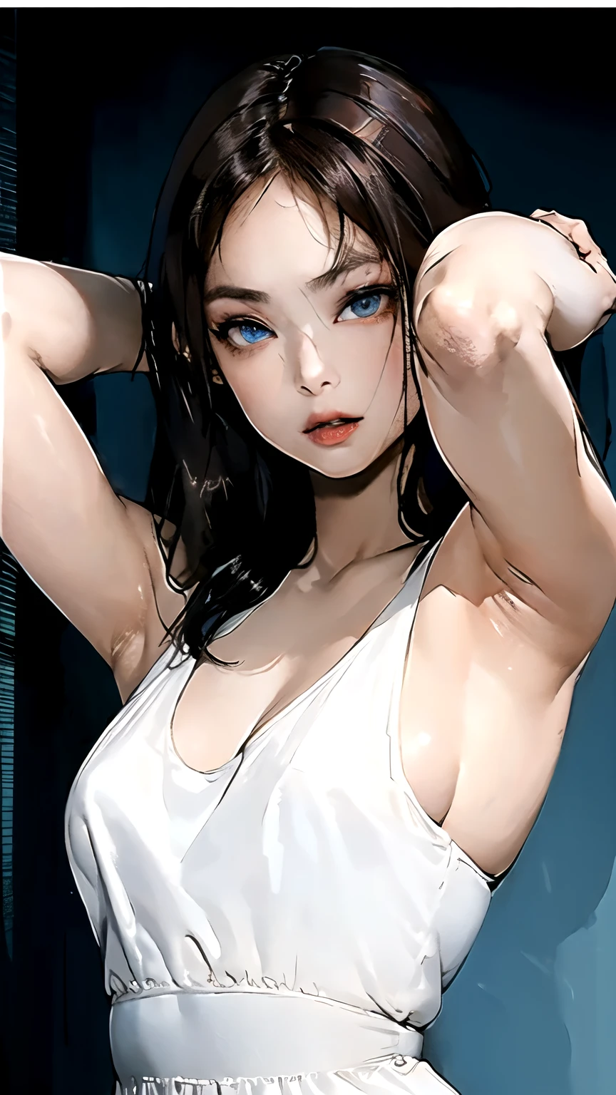 ((masterpiece,best quality)), {DATE_artstyle_LoRA : Manga_Style} {horror_edit : creepy_room_aura} {} { (Jennie, dark_hair, long_hair, mature_face, perfectly_shape_breast : perfectly_slender_body : } { , white dress, } { } {standing_still} { no_emotion : hypnotic_eyes : hypnotized_eyes } { sweating : armpits } { } : dark room : }