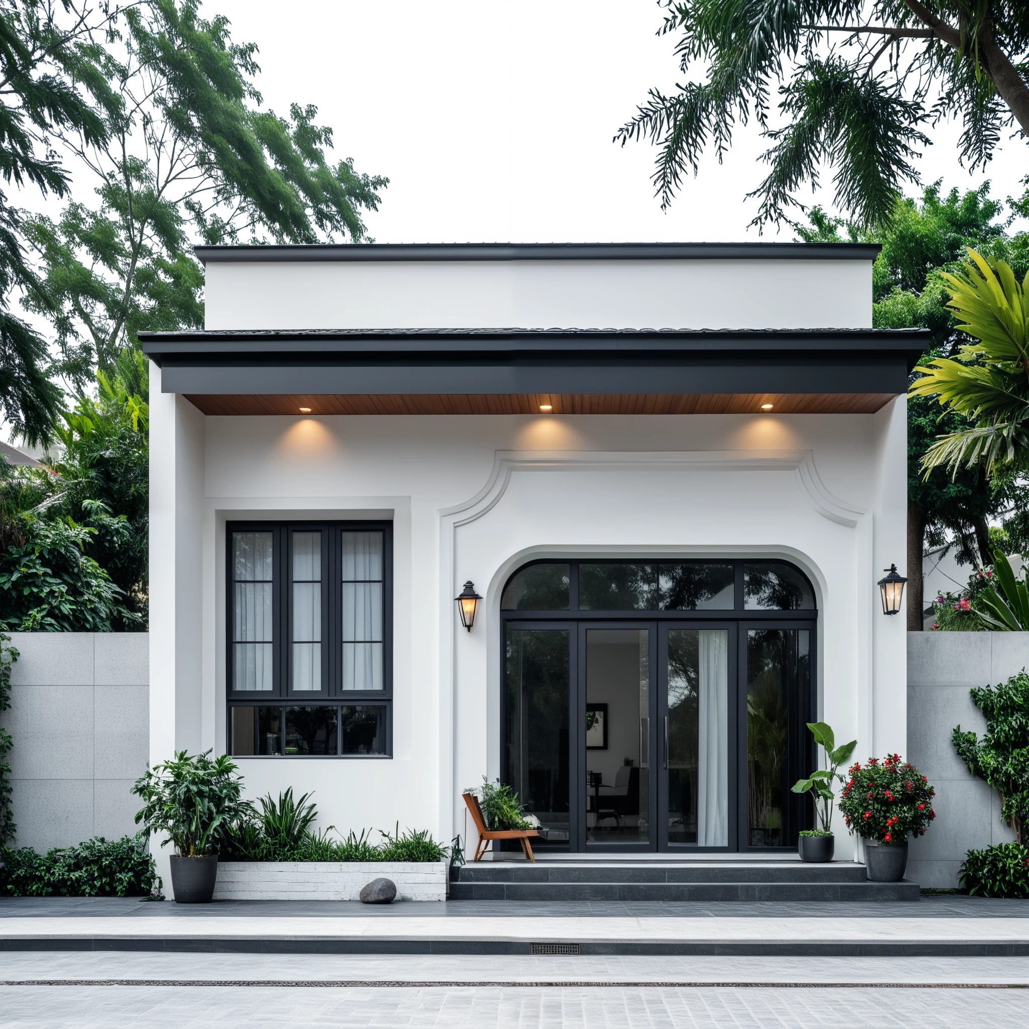 (masterpiece:1.2), best quality, photo of A two-story modern house with white walls and dark tiles on the roof, tree and plant, streetcapes, natural light, The exterior of an elegant single family home features large windows, a dark gray door frame.