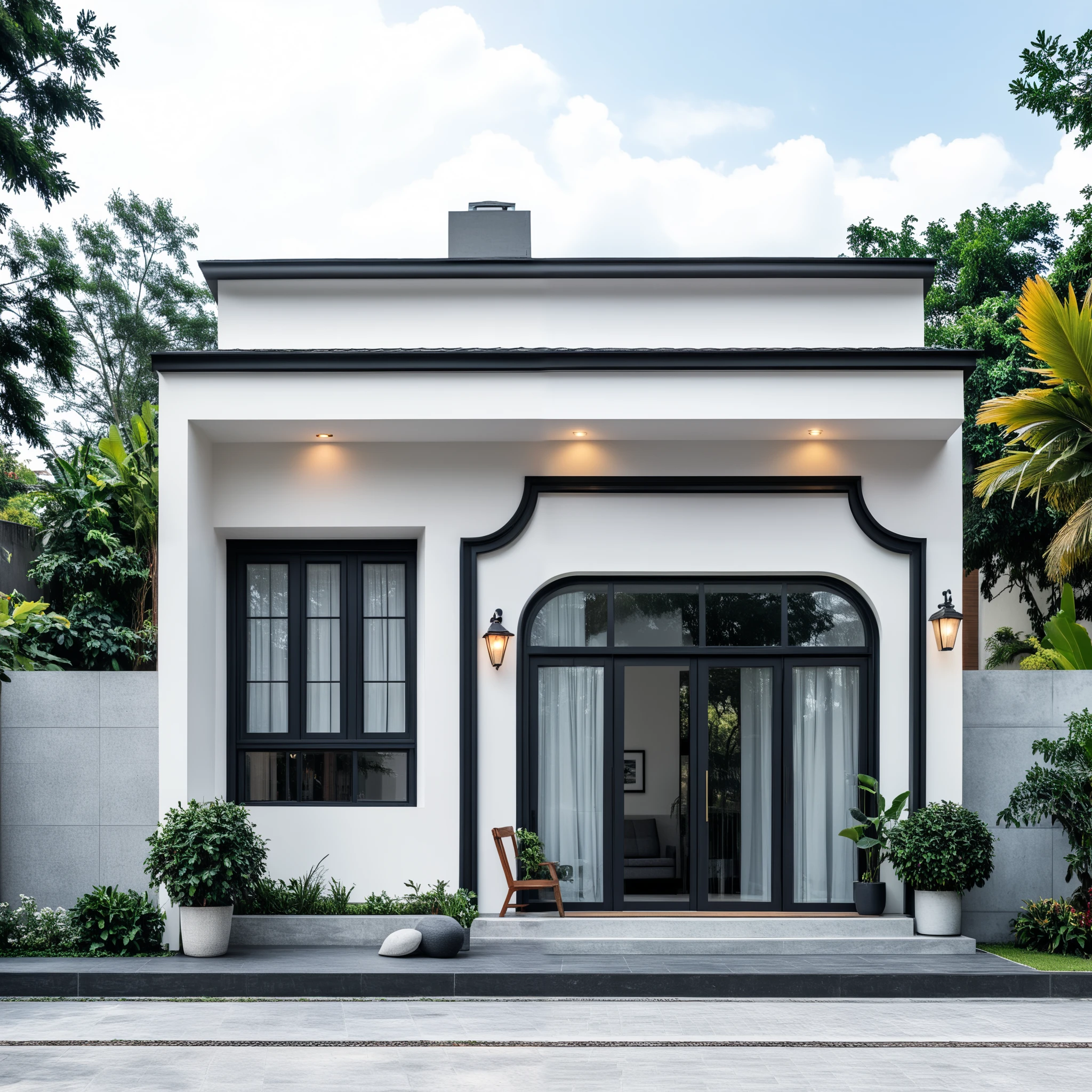 (masterpiece:1.2), best quality, photo of A two-story modern house with white walls and dark tiles on the roof, tree and plant, streetcapes, natural light, The exterior of an elegant single family home features large windows, a dark gray door frame.