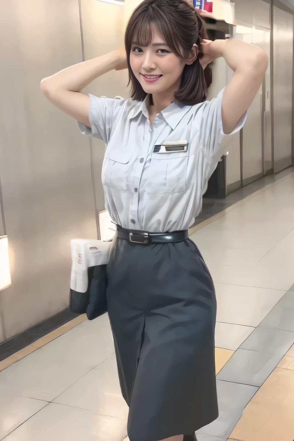(  Masterpiece:1.2,  top quality :1.2), 32kHDR,  Hi-Res、（ Daytime building roof  、  Professional Lighting）、Building rooftop background、（  Tokyo subway woman crew uniform ）、（ Tokyo subway woman crew uniform blouse short sleeve  、 above knee culotte skirt、  waist belt  ）、（Long brown hair ）、（ bun hair with hair tied together  ）、  thin legs、（（  amazing hands：2.0）），（（harmonious body proportions：1.5）），（（Normal limbs：2.0）），（（The usual ：2.0）），（（  Delicate Eyes：2.0）），（（Normal eyes：2.0））)、（Tokyo Subway woman crew uniform above knee culotte skirtを見せた美しい立ち姿） 、  with their hands crossed under their bodies  、 Shy smile