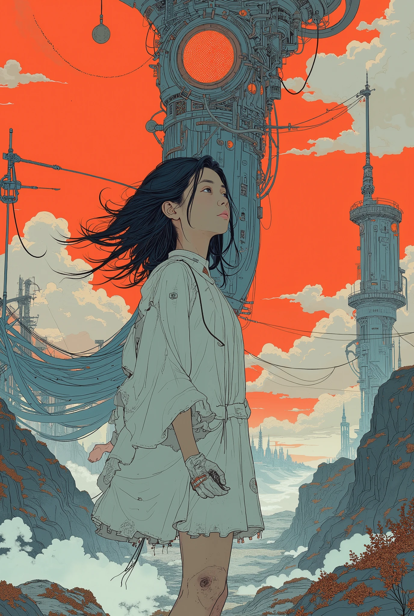 album cover inspired by AKIRA's anime poster。It depicts a girl floating in front of a red ribbon tower 。, NEVERCREW , Pixiv, Neo-Metaphorical, Art work in the style of guweiz , NEW VIDEO GAME COVER , Anywhere, METAVERSE CONCEPT ART , Deep in the Metaverse from NEVERCREW , Simon Stallen Hug . Masterpiece, Simon Stallen Hug highly detailed
