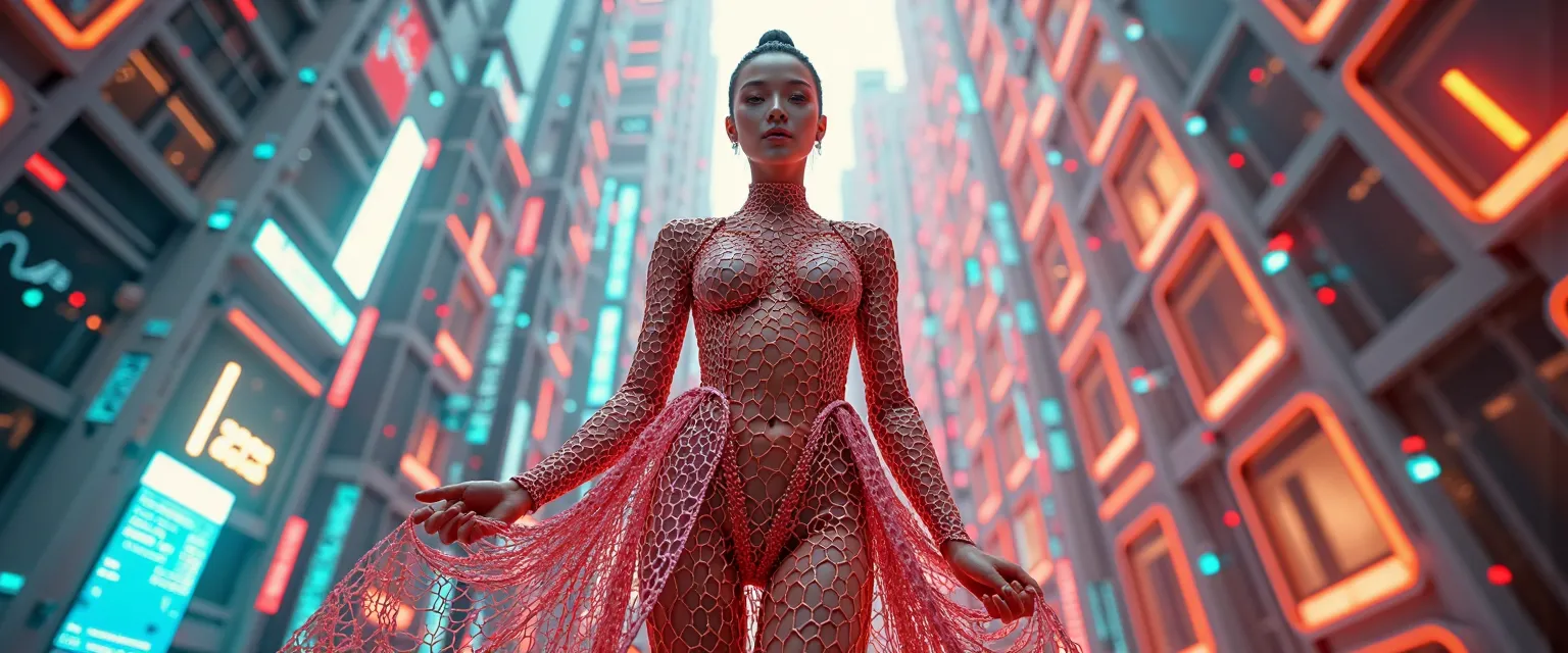 Chica cyberpunk,walking on the futuristic street, transparent futuristic dress,but short celestial,beautiful face without errors, high image quality.