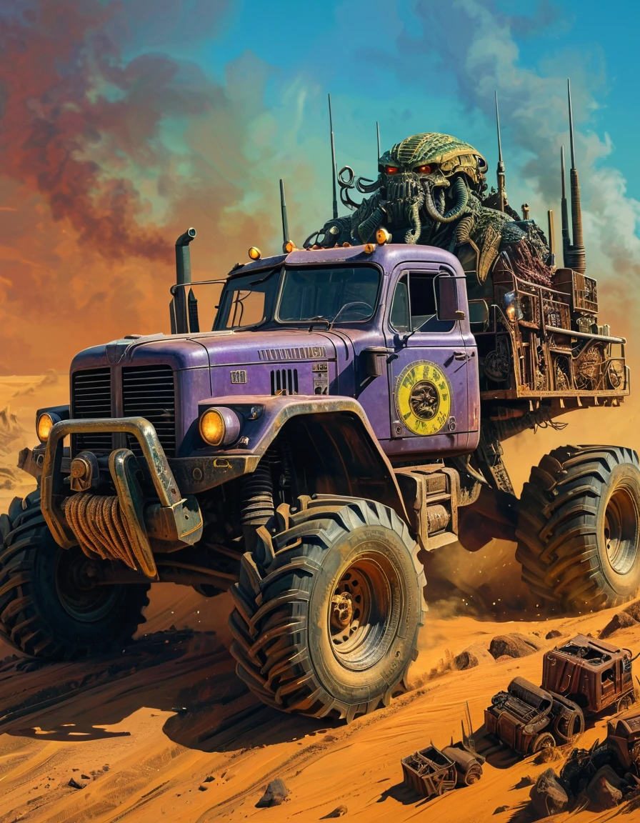 ken-taro uranium art, peaceful colors, realistic depiction, monster apocalypse tractor, Mad Max style, with gigantic guns mounted on the roof. a Predator stand front of it with muscle body with green-lemon glowing eyes and weave together to form an intricate small tentacles snakes face on his head, set against a star-studded background. The palette consists of deep blues and nuanced purples, interspersed with shimmering gold and silver accents that catch the light beautifully, masterpiece