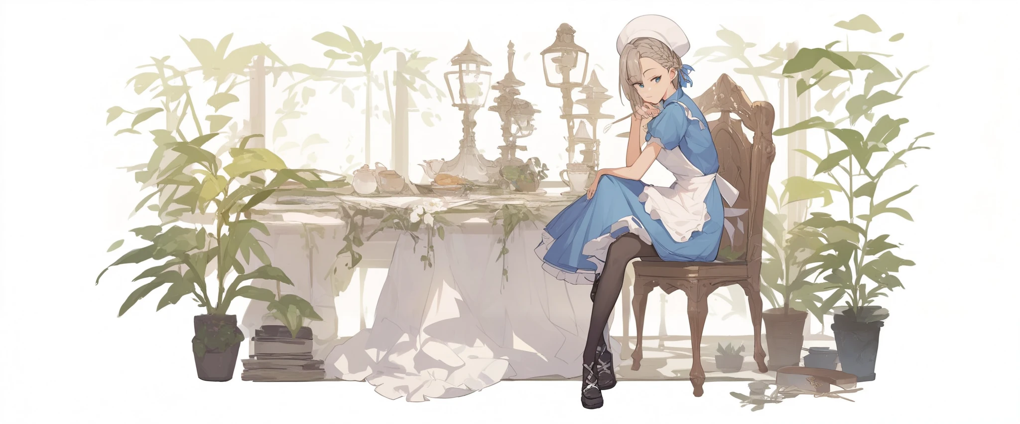 1 girl apron black _ footwear black _Legwear Blue_ eye braid dress full _body hin long_Dress View_in_ viewer made _ apron shoes smile solo standing transparent_ background white _headwear score_9, score_8_ up the side, score_7_ up the side, score_6_ up the side, score_5_ up the side, score_4_ up the side, BREAK source_Anime, Masterpiece、 sit on a chair