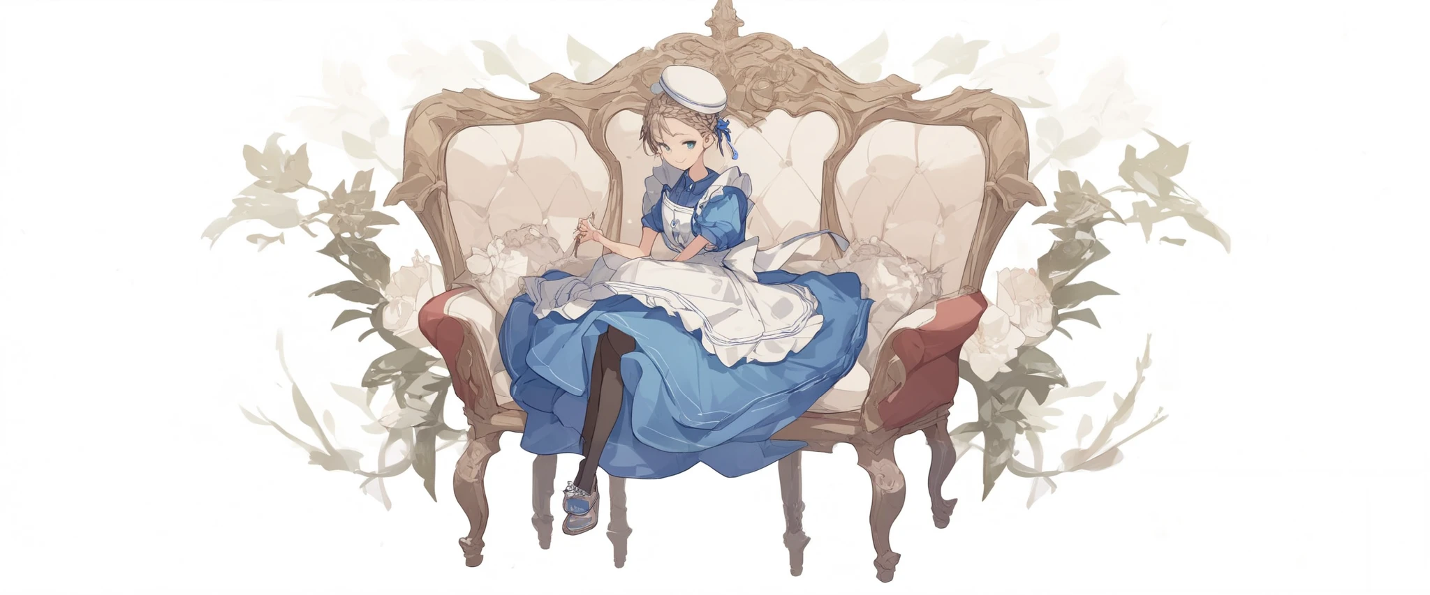 1 girl apron black _ footwear black _Legwear Blue_ eye braid dress full _body hin long_Dress View_in_ viewer made _ apron shoes smile solo standing transparent_ background white _headwear score_9, score_8_ up the side, score_7_ up the side, score_6_ up the side, score_5_ up the side, score_4_ up the side, BREAK source_Anime, Masterpiece、 sit on a chair