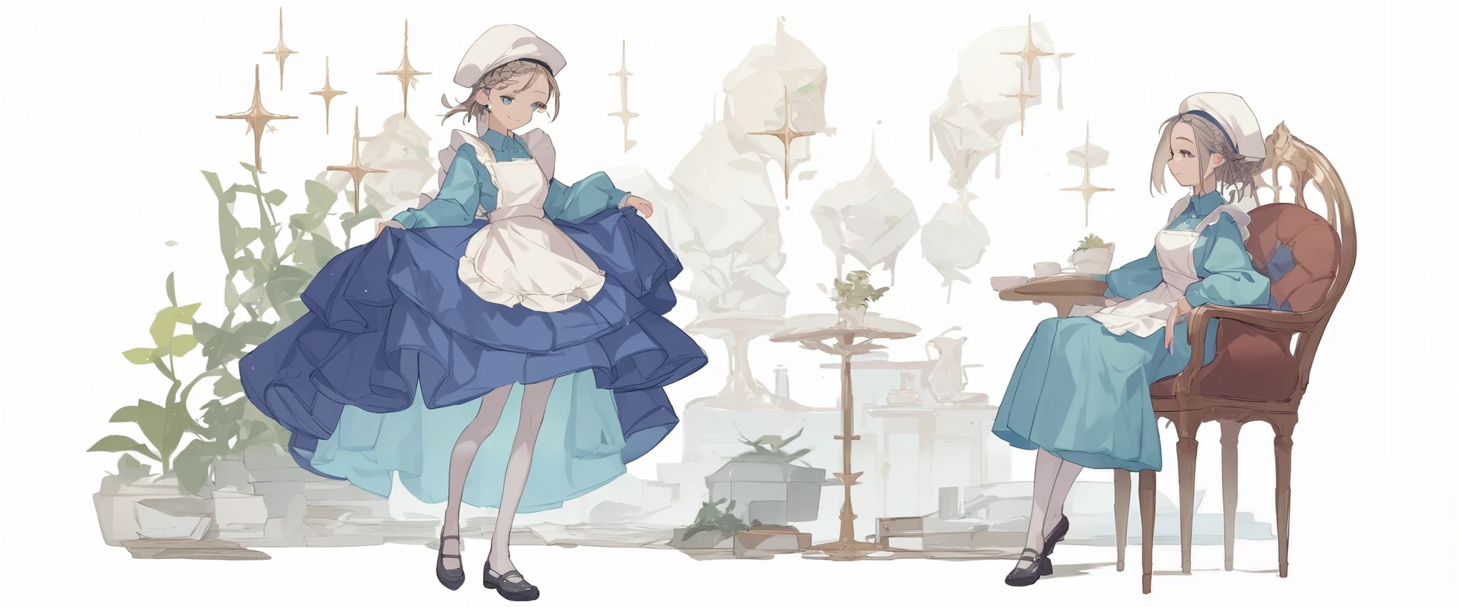 1 girl apron black _ footwear black _Legwear Blue_ eye braid dress full _body hin long_Dress View_in_ viewer made _ apron shoes smile solo standing transparent_ background white _headwear score_9, score_8_ up the side, score_7_ up the side, score_6_ up the side, score_5_ up the side, score_4_ up the side, BREAK source_Anime, Masterpiece、 sit on a chair