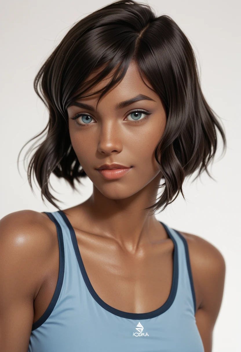 korra, solo, short_hair, dark_skin, upper_body, white_background, black_hair, sleeveless, simple_background, _shoulders, dark-skinned_female