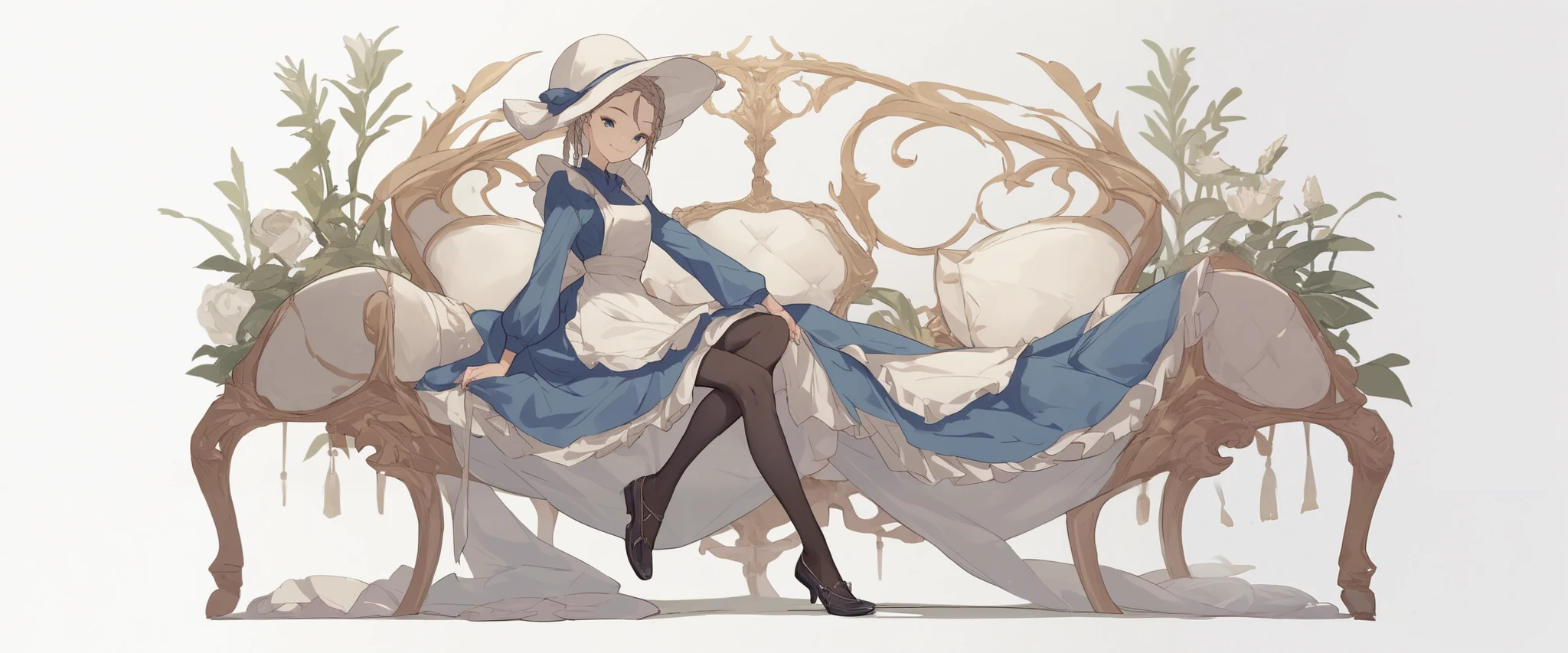   1 girl apron black  _  footwear black  _Legwear Blue_ eye braid dress full _body hin long_Dress View_in_  viewer made  _  apron shoes smile solo standing transparent_  background white  _headwear  score_9,  score_8_ up the side,  score_7_ up the side,  score_6_ up the side,  score_5_ up the side,  score_4_ up the side, BREAK source_Anime,  Masterpiece、 sit on a chair