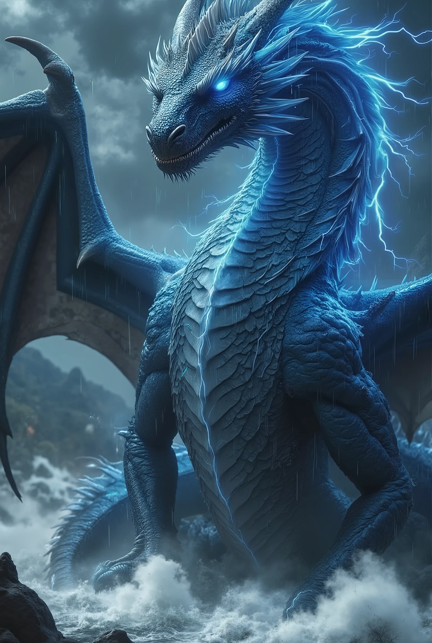 "A colossal thunder dragon emerges from the heart of a raging storm, its obsidian-black scales crackling with veins of electric blue energy. Its eyes glow like miniature lightning storms, flickering with raw power. As it spreads its massive wings, arcs of lightning dance across its body, illuminating the dark, stormy sky. Thunderclouds swirl around its serpentine form, and the air is charged with electricity. The dragon's sharp horns resemble jagged lightning bolts, and its tail whips through the air, leaving a trail of glowing energy. Rain falls in heavy sheets, but the dragon remains unaffected, standing as the undisputed ruler of the storm. The background is filled with chaotic, storm-lit skies, with flashes of lightning striking distant mountains. The cinematic lighting highlights the wet, reflective surfaces of its scales, while ultra-realistic textures capture every minute detail of this storm-forged beast. Hyper-detailed, 4K cinematic quality, macro bokeh effects, and dramatic lighting enhance the electrifying presence of this legendary dragon."

