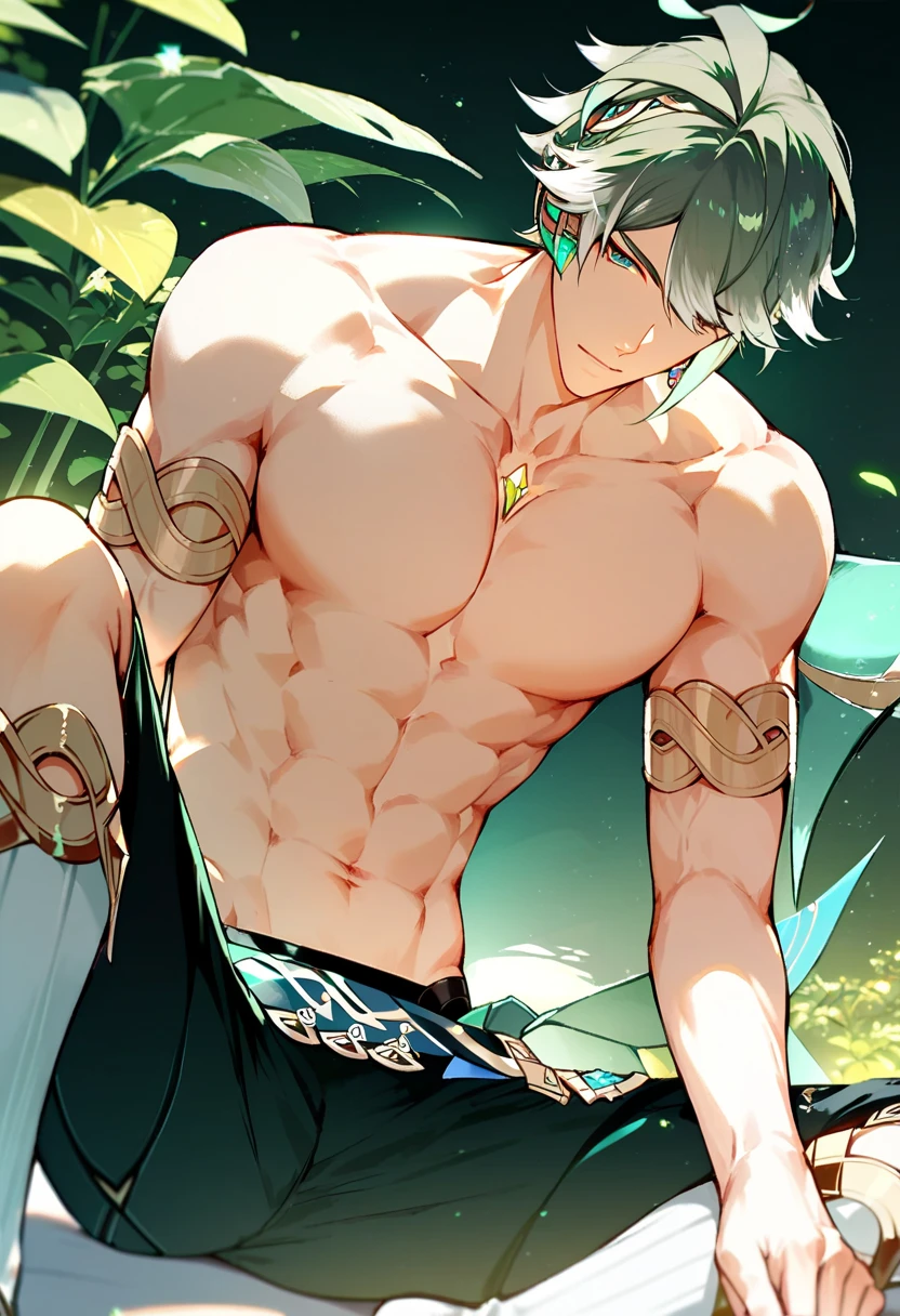 absurdres, highres, ultra detailed, HDR) master piece, best quality, Alhaitham, gray hair, expressive blue eyes, genshin impact, solo, sexy man, handsome, toned chest, sensual, black tight shorts, sea, beach, sunset