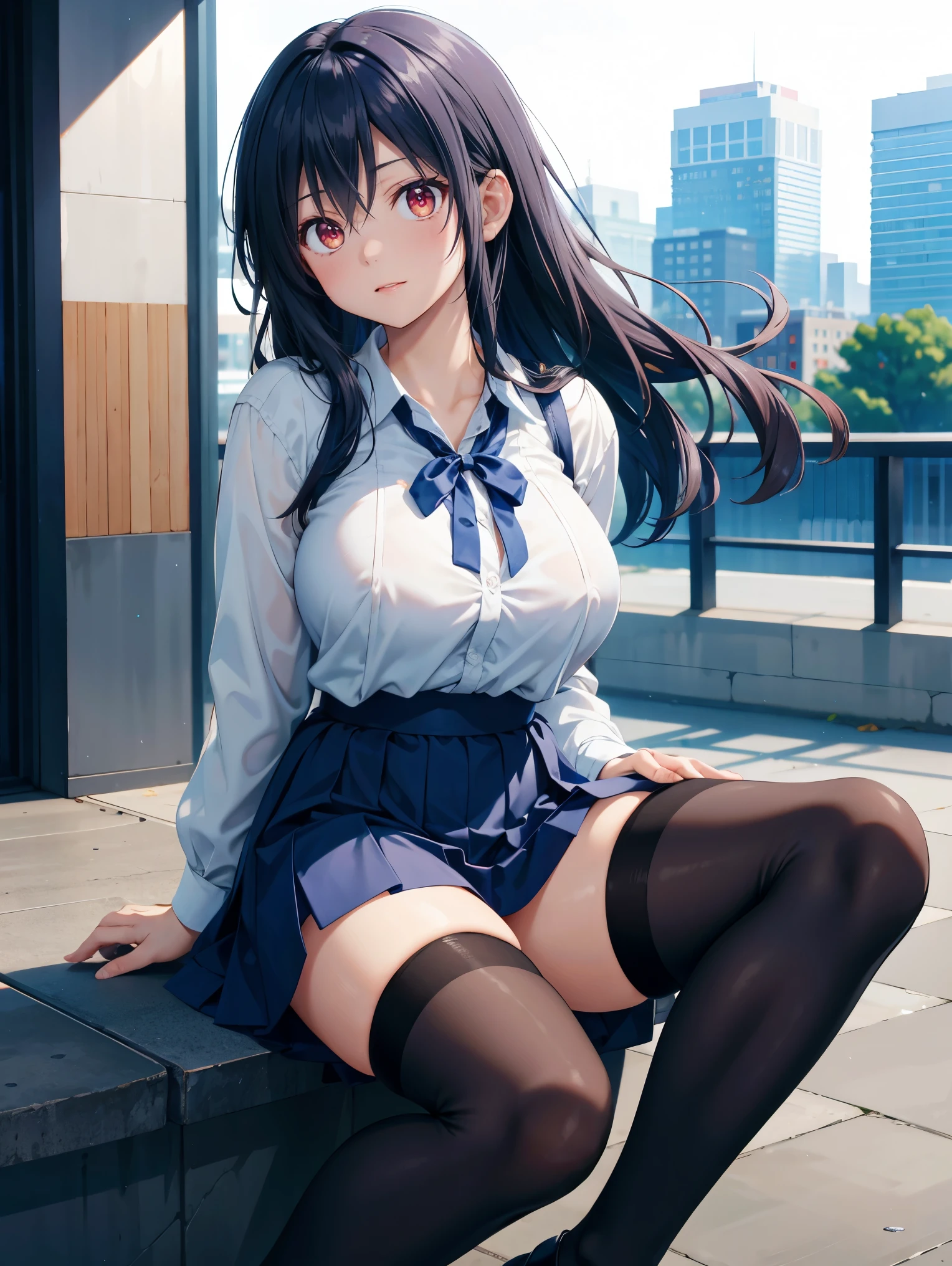 summer、thick、Sweat、、high school girl、Low length、(((((Eyes hidden by long bangs)))))、(((Long black hair:1.2 hair band)))(((Black-rimmed glasses:1.2 black eye)))、Strong sunlight、thicksummerの昼間、Bright sunlight、Look at this、glamorous、Checked mini skirt、Navy knit vest、loafers、Open skirt、Showing sexy panties、shrine, stage, ((stageに座る)), torii, forest, 誰もいないshrine、、Spread your legs、Open up、Open your crotch with both hands、Embarrassing、Sexy Lingerie
