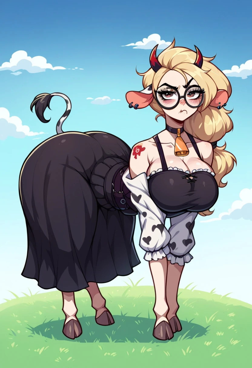 Weresheep, Monster girl quest, monster girl, black crop top, horns, fur trim, neck bell, bike shorts, leg warmers, short hair, black elbow gloves, seductive evil grin, smug, blush, 1boy, (shota), 1girl, larger female, large female, side view, girl sitting on top, female on top, open field background, tight grip, handjob, rubbing penis, glovejob, stroking penis, foreskin, retracted foreskin, cumming, pushed down, pinned down, looking at eachother, looking at boy