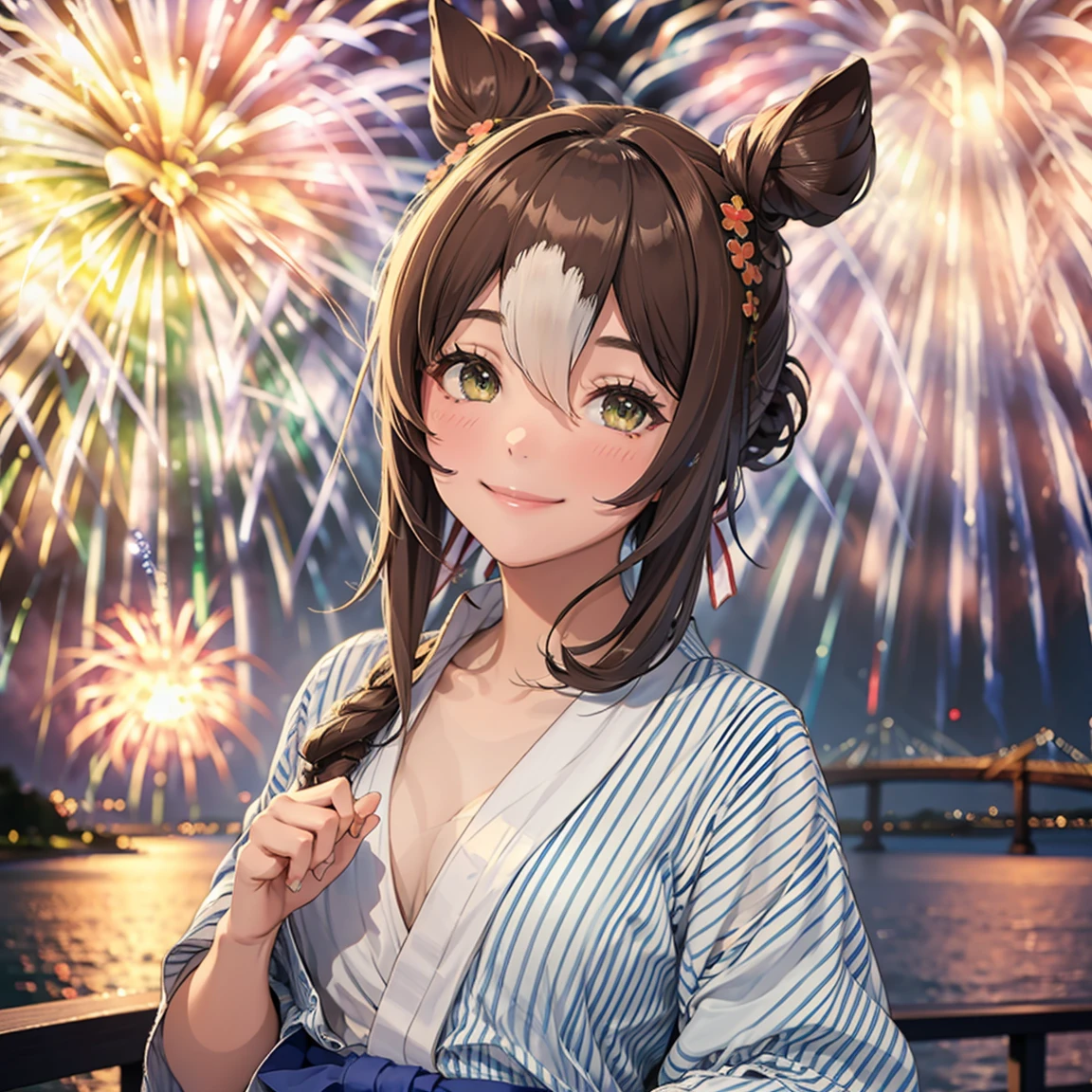 Fox Girl、Fireworks Festival、Women in Their 20s、de pele branca、A refreshing smile、Narrowed eyes、Brown hair、Gentle、Yukata