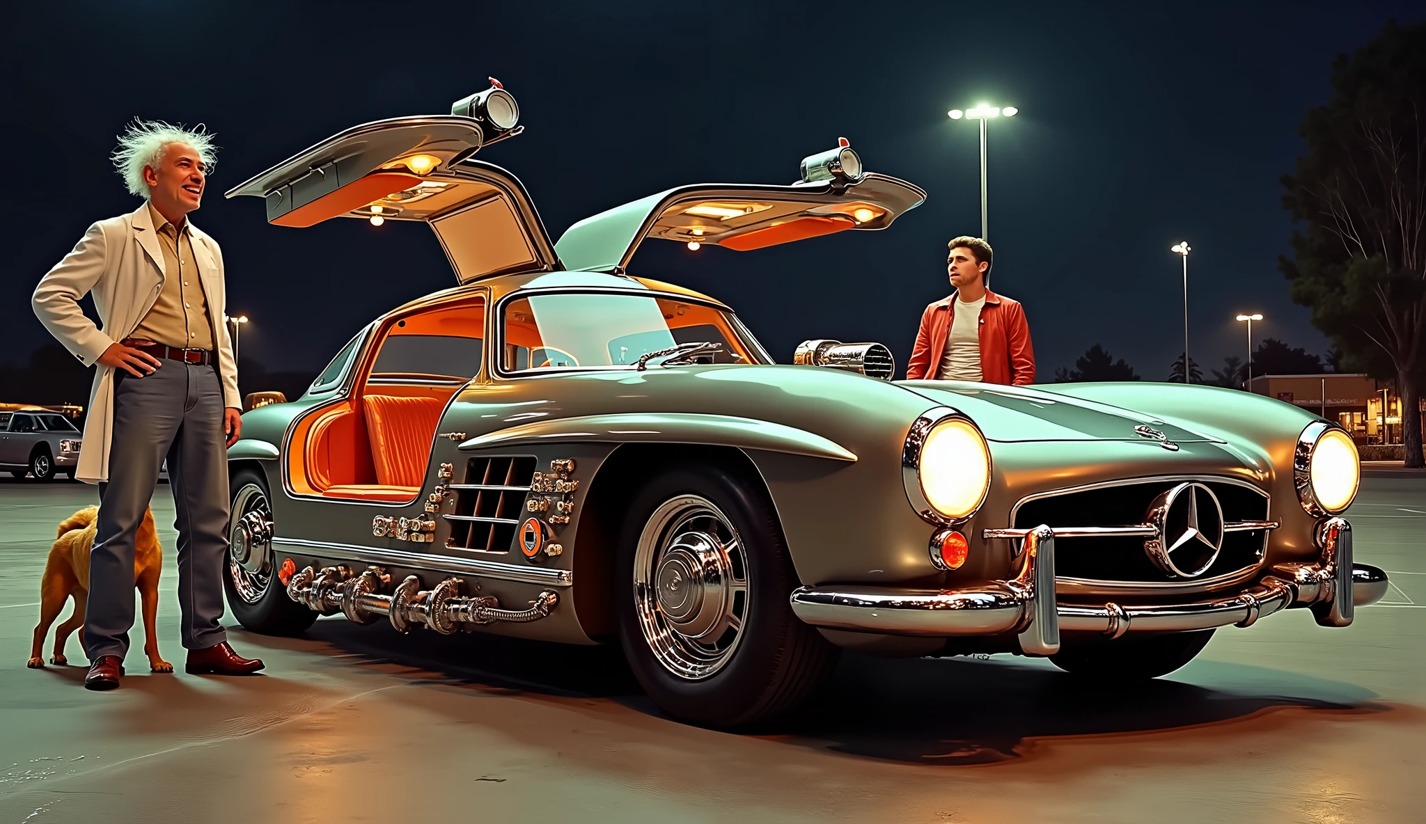 A highly detailed and realistic image of a Mercedes-Benz 300 SL Gullwing, grinding with tubes and cables outside the body, accompanying the shape of the car .. with the doors open, at night, with headlights on, in a huge car park on the outskirts of a city in the 1950s . The parking lot is empty and you can see some houses from the time . Front view. He is standing, Next to the car , doc, with white coat and long white hair styled like crazy, with wrinkles on the face , and Marty , with Tupe , red jacket and white t-shirt , with jeans , and a golden retriever dog .