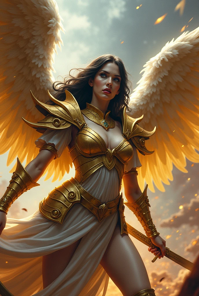 one angel, warrior, with armor, with the following characteristics:
head:
very beautiful and attractive, feminine, Face and body, quite full
Square and determined face, Brunetette , slightly masculine features
Torso: ferocious, stark, somewhat fiery, feminine
Pernas e pés: well proportioned, Female One