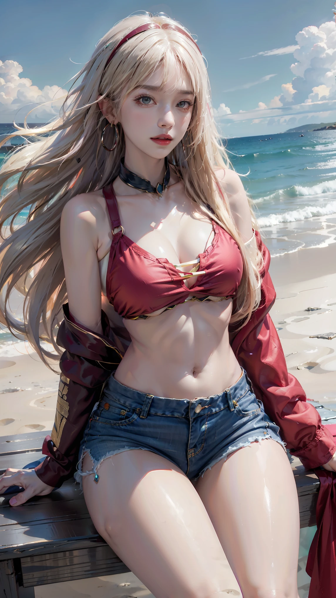 Hyper-Reality , high resolution bench photo , miss, Glowing Skin , unique , Tattoo, Jewelry, pink lips , blond,red eye residence , hips up , split bangs , black ribbon, Hairband, headdress, Hoop earrings , Jewelry, collar, Sling Bikini, seaside background , denim shorts ,red jacket smiles, close up,