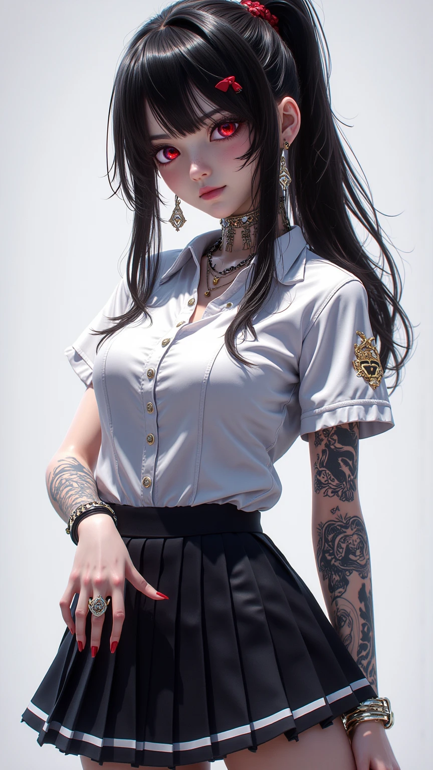 photorealistic, high resolution, soft light,1women, solo, hips up, (detailed face),tattoo, jewelry, Current School Classroom，At the podium，Wear classroom uniforms，wears glasses，Bigchest，low chest, long hair