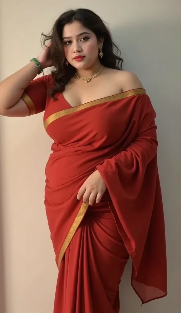 ((whole body,   curvy character  )), ((Indian Mature Woman, Indian women, Mature Woman)), (((Hyper-Reality))) photo,  masterpiece,   high quality , (pale), ( super detailed的面部和眼睛:1.2),  1 girl working part-time, aldult, (( Wear a slightly smaller sari )),  strapless saree top , ((Heavy eye makeup, Mascara)), ((Fake delicate lips)), ((Shiny wavy hair )), ((Stylish hairstyle)) , (({巨 large |huge| large |巨 large |Trillion|Fake} Push up  )), ( Very slim waist ). ((巨 large 乳沟)), photo拍摄, (Soft) illumination, (The interlacing of light and shadow ), Depth of Field, Bokeh, ( Pay special attention to skin details: 1.2), ( Pay particular attention to the size of : 1.2), (((Pay special attention to extra tight clothing sizes: 1.2))), Detailed Textures,  skin pores , Oily skin. (The atmosphere of the picture .), DR, (( movie particle )), ((ray)), (glare), ((  figure )) ,  super detailed, ((Oily skin,  oily body,  shiny skin ))(( put your hands behind your head ,   curvy character  , posture, , 微笑, )) ((white saree  ))(( permanent,   curvy character  ))