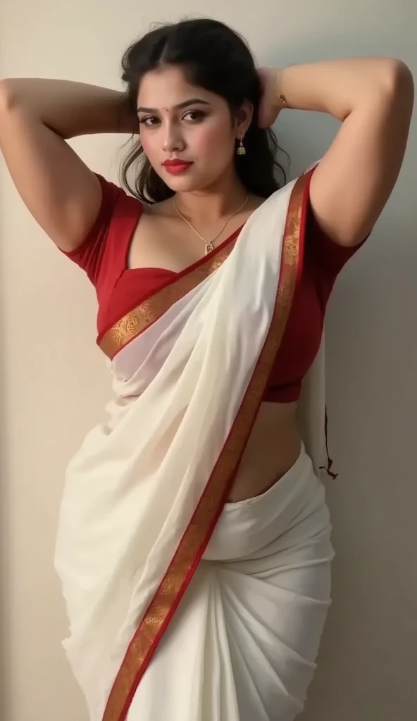((whole body,   curvy character  )), ((Indian Mature Woman, Indian women, Mature Woman)), (((Hyper-Reality))) photo,  masterpiece,   high quality , (pale), ( super detailed的面部和眼睛:1.2),  1 girl working part-time, aldult, (( Wear a slightly smaller sari )),  strapless saree top , ((Heavy eye makeup, Mascara)), ((Fake delicate lips)), ((Shiny wavy hair )), ((Stylish hairstyle)) , (({巨 large |huge| large |巨 large |Trillion|Fake} Push up chest )), ( Very slim waist ). ((巨 large 乳沟)), photo拍摄, (Soft) illumination, (The interlacing of light and shadow ), Depth of Field, Bokeh, ( Pay special attention to skin details: 1.2), ( Pay particular attention to the size of large breasts: 1.2), (((Pay special attention to extra tight clothing sizes: 1.2))), Detailed Textures,  skin pores , Oily skin. (The atmosphere of the picture .), DR, (( movie particle )), ((ray)), (glare), (( Sexy figure )) ,  super detailed, ((Oily skin,  oily body,  shiny skin ))(( put your hands behind your head ,   curvy character  , posture, Erotic, Erotic微笑, )) ((white saree  ))(( permanent,   curvy character  ))