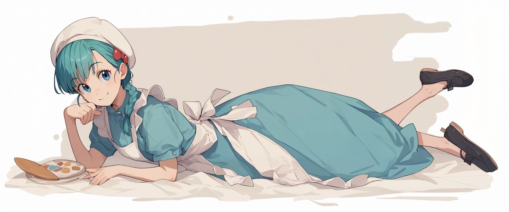 1 girl apron black _ footwear black _Legwear Blue_ eye braid dress full _body hin long_Dress View_in_ viewer made _ apron shoes smile solo standing transparent_ background white _headwear score_9, score_8_ up the side, score_7_ up the side, score_6_ up the side, score_5_ up the side, score_4_ up the side, BREAK source_Anime, Masterpiece、 sits on the bed、The dress flips up、I can see Bulma