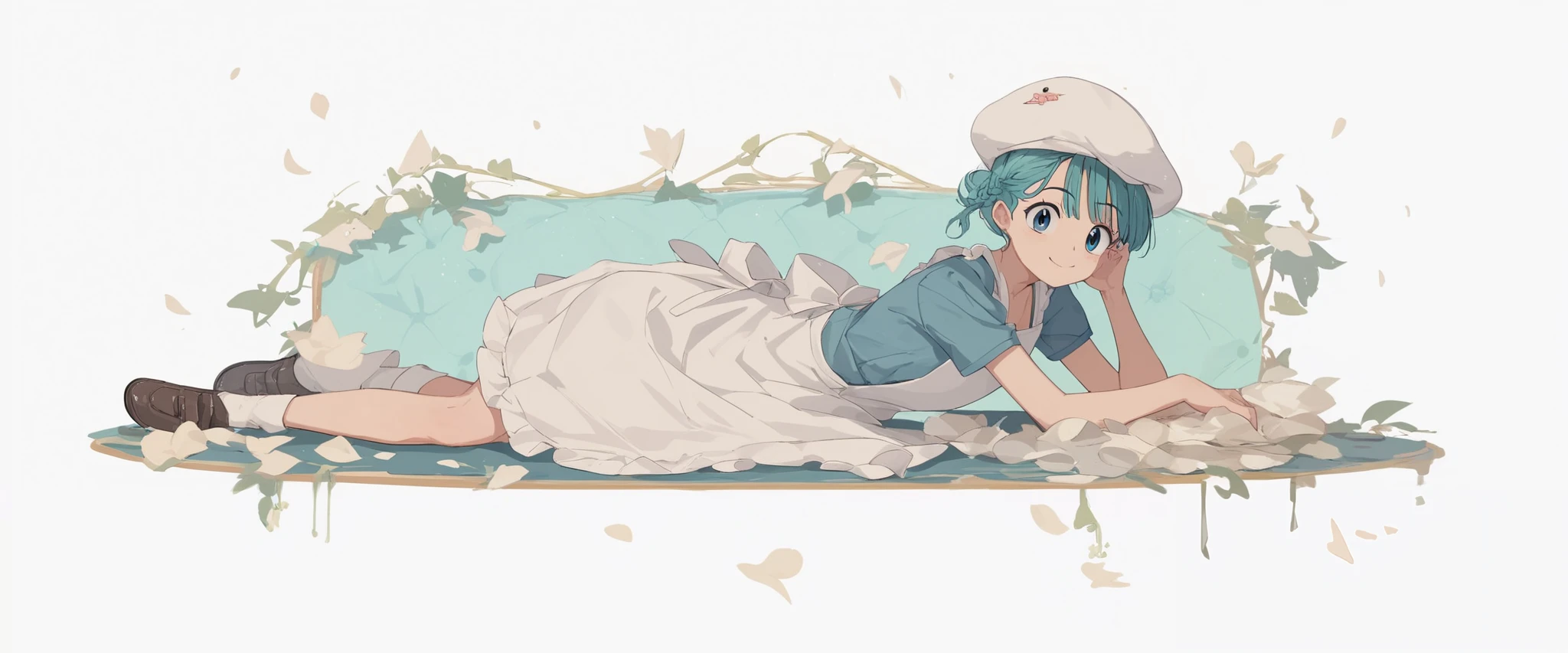 1 girl apron black _ footwear black _Legwear Blue_ eye braid dress full _body hin long_Dress View_in_ viewer made _ apron shoes smile solo standing transparent_ background white _headwear score_9, score_8_ up the side, score_7_ up the side, score_6_ up the side, score_5_ up the side, score_4_ up the side, BREAK source_Anime, Masterpiece、 sits on the bed、The dress flips up、I can see Bulma
