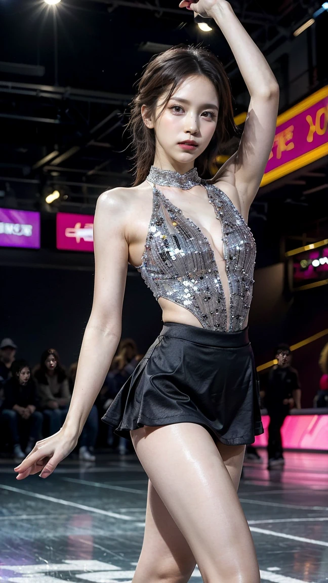 1girl, solo, best quality, masterpiece , Ruby Hoshino, hair ornament, sparking eyes, star on eye, (star on right eye:1), (dress:1.4), (concert1), on the stage,