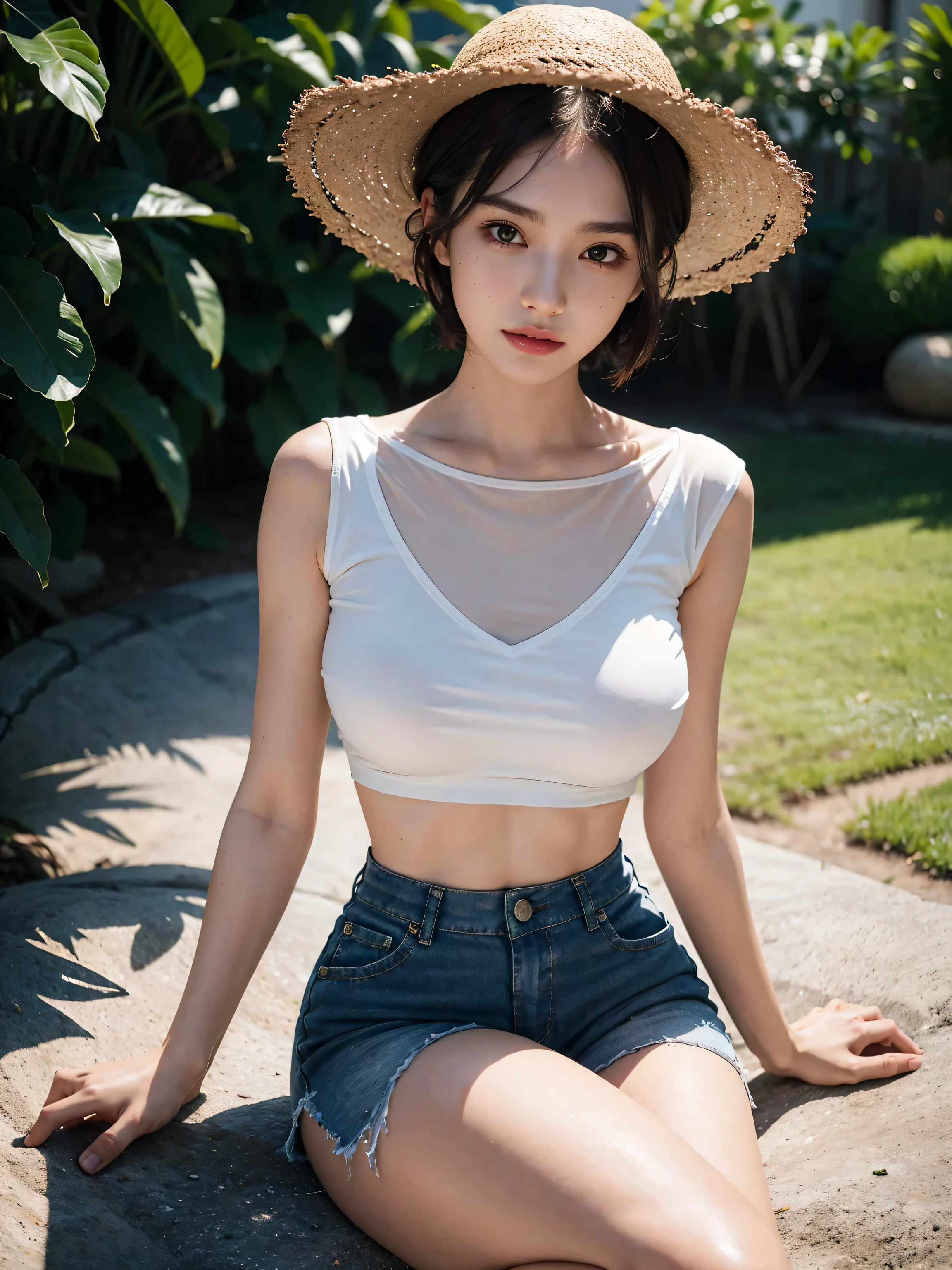 Week, Week face,Korean Japanese Chinese woman face, Sexy face and perfect eyes, Asian girl face , Sexy female eyes, 1 Girl, Asian, Black Hair, breast, Brown eyes, bench, covered nipple, Lips, medium breast, diaphragm, Umbilical cord, nipple, nose, Practical, transparent, short hair, short shorts, shorts, Solitary, Open your legs, Vest,