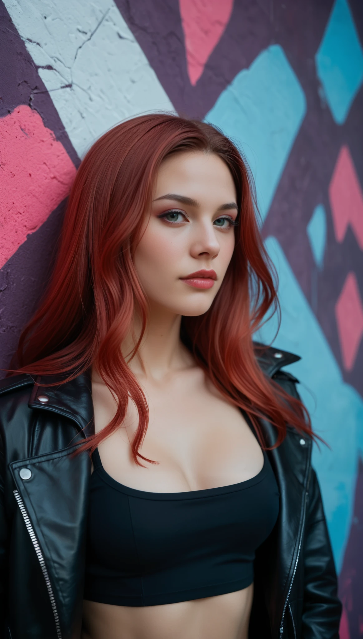 score_9_ up , score_8_ up , score_7_ up , Abstract, 1 girl, alone, Age 25, PERFECT FACE IN DETAILS, Close view ,(adult), Scarlet Witch, sexy,Red Hair, stares at viewers, leather jacket, black crop top, cyberpunk, portrait photo, beautiful eyes, cowboy shot, cyberpunk art, portrait,( background is an abstract graffitied wall:1.3), is written in depth