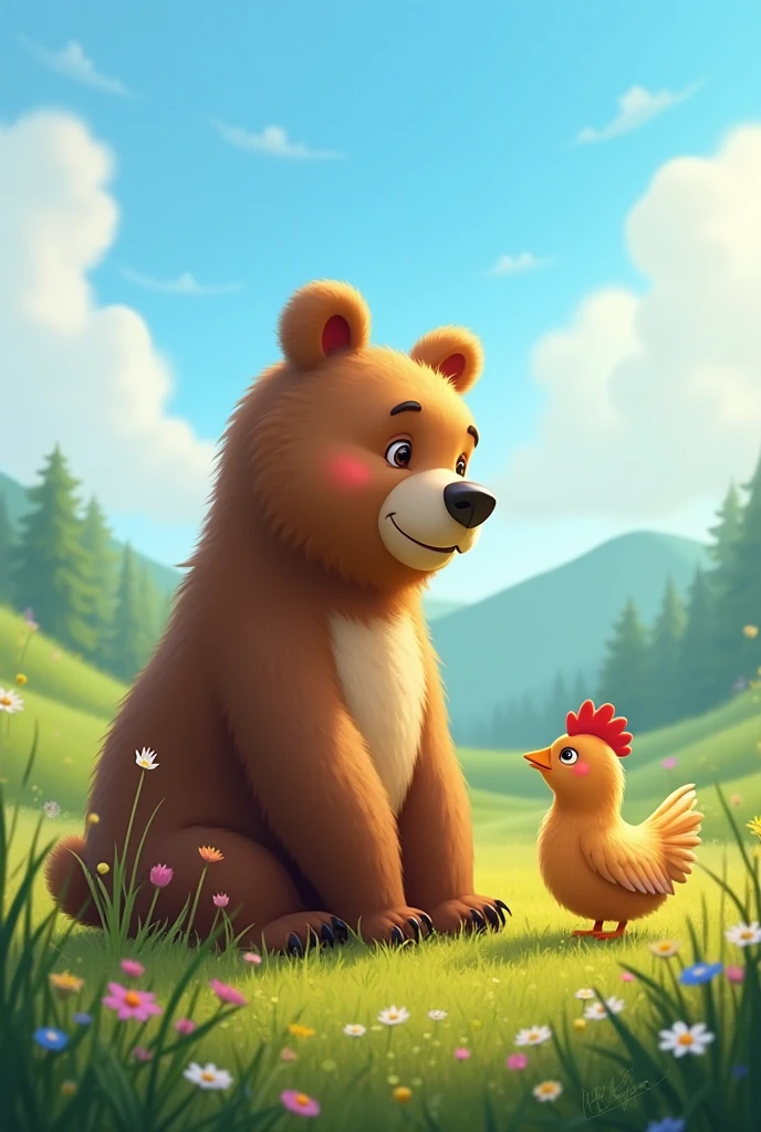 A bear with a happy chicken mascot