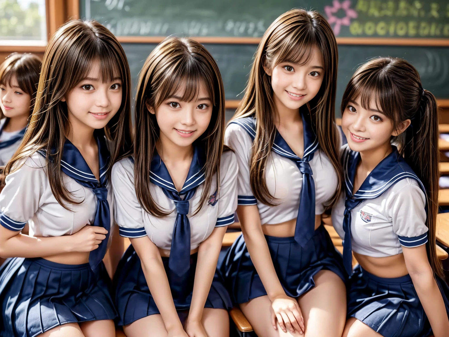 Browsing Caution, ((masterpiece)), ((highest quality)), (Very detailed), ((cute)), cute, ((I love showing off my underwear、Young looking girl)), ((sexy)), (device), ((Very detailed)), 4K, (8k), highest quality, (beautiful), hyper cute face, shape, Anime Style,hyper Genuineistic, Genuine, Dynamic Angle, ((whole body)), close, Thick outline, Clear contours, at school, (Three Girls, 3 cute girls:1.5), (Schoolgirl uniform :1.5), beautiful light brown hair, beautiful brown eyes, ((beautiful eyes)), (Leaning forward:1.5), short hair, Big Breasts,  smile、((((beautiful太もも))))、too short pleated skirt:1.3