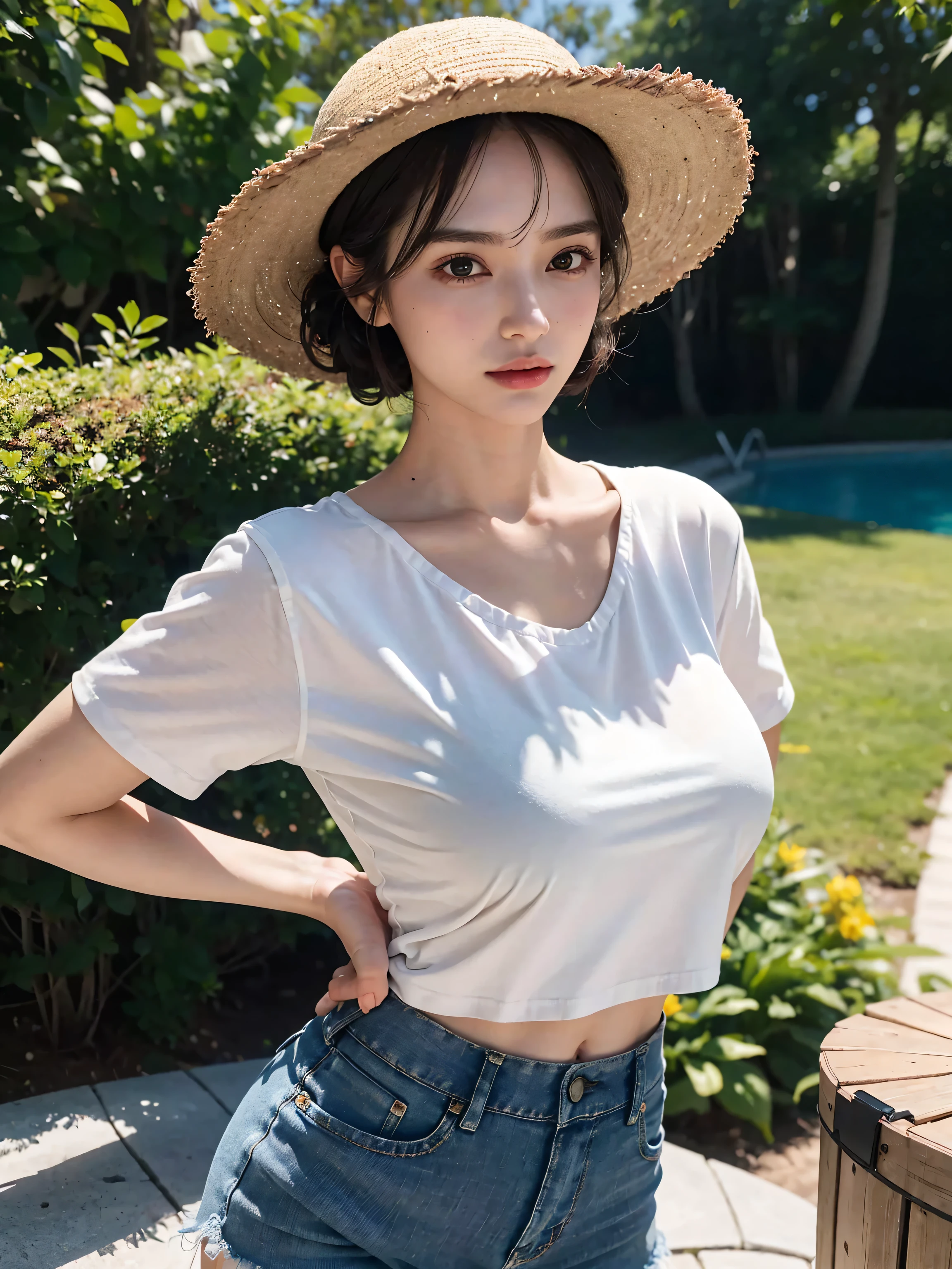 (Best quality, High resolution, Masterpiece :1.3), A pretty woman with slim figure, Breasts, (Dark brown layered haircut), Wearing pendant, T-shirt, White shorts, Outdoor, Great view, Lake and mountains in distant background, Details exquisitely rendered in the face and skin texture, Detailed eyes, Double eyelid