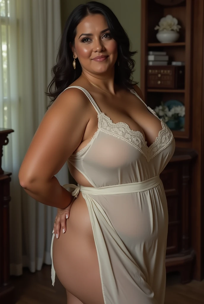 Mature old woman 80 years with black hair, plus size, old face and body with many wrinkles, loose skin, standing at bedroom posing for photo, She wearing white dress and large neckline and lace stockings, ponytail, side view. jaw dropping mature older beauty, old face and body with wrinkles, old face, full visible legs, smiling, attractive grandma, a gorgeous old hair, beautiful old grandma, lovely older mature grandma, gorgeous beautiful grandma over 80 years old, beautiful black hair grandma, beautiful detailed body and face, a beautiful old granny