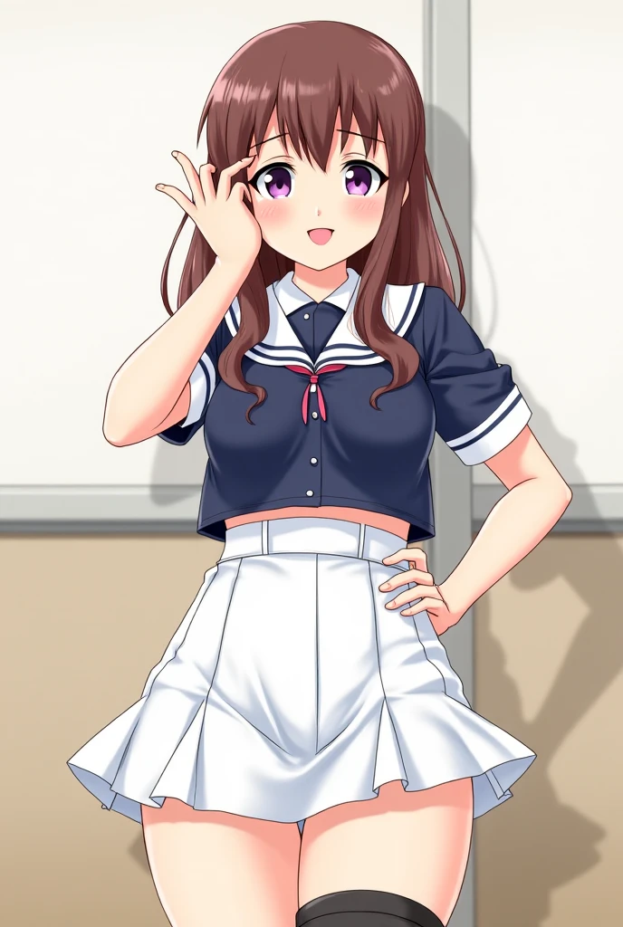 mamako, 1girl in, Solo, long_hair, up looking_で_viewer,  Bangs, brown_hair, Shirt, long_sleeves, bow ribbon, School_uniform, Purple_Eyes, 鎖骨, hair_bow ribbon, white_Shirt, The upper part of the body_Body, braid, serafuku, Indoors, sailor_Collar, :o, neckerchief, parody, Blue_sailor_Collar, Bright_Pupils, Red_neckerchief, white_Pupils, Mature_Female, door, Anime_Coloring、A smile、cowboy  shot、thighs thighs thighs thighs、(Skirt lift:1.3), (white  panties:1.3)、(Skirt that rolls up:1.3)、(Fully exposed panties:1.5)、Naughty big、large full breasts
