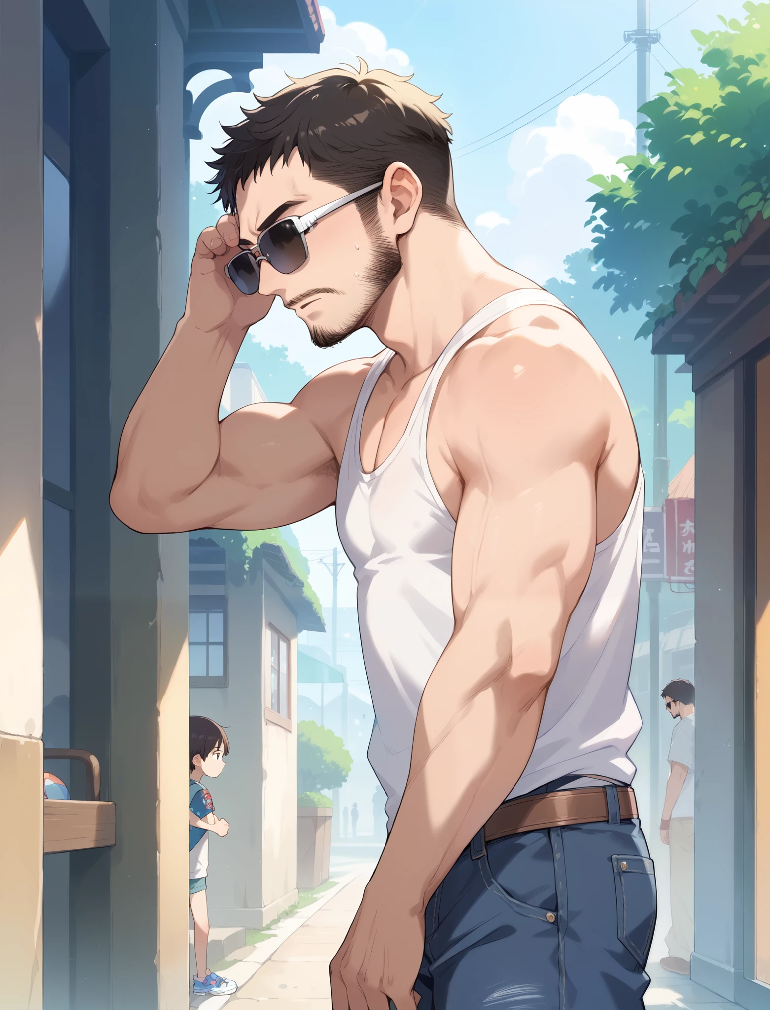 score_9, score_8_ up the side, source_Anime, ( score_7_ up the side, score_6_ up the side:0.8) , source_Anime, Official Art, Masterpiece, Hi-Res, Blake Old Man , muscular man, tank top, short denim, beard , sunglasses, up the sideper body,