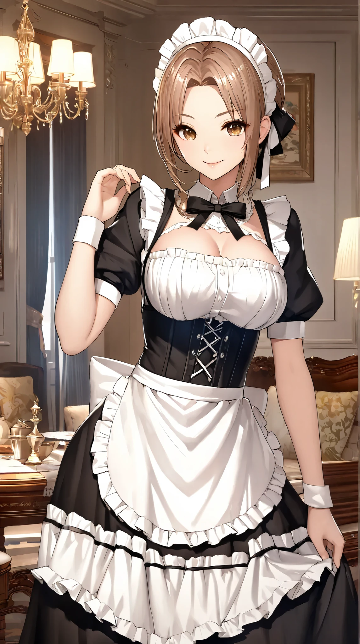 (( top quality)),( ultra high resolution),( very detailed),( Detailed Explanation ),(( best CG )),( BEST ARTWORK ), Ultra-precise art, Amazing Painting Art,(Exquisite art:1.5), Maid, a beautiful and well-groomed face , makeup, Smile, 胸元が大きく切り取られたMaid服, corset apron skirt, Big Breasts, grace, Beautiful light brown eyes, Willow Eyebrow, Expensive Furnishings