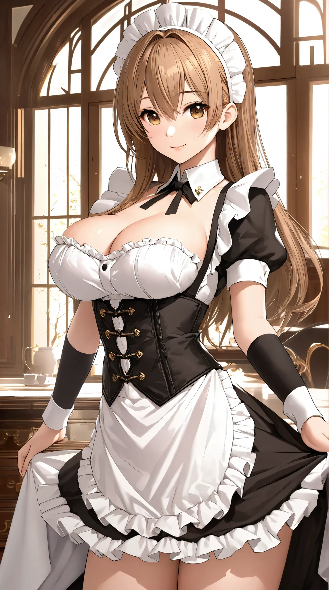 (( top quality)),( ultra high resolution),( very detailed),( Detailed Explanation ),(( best CG )),( BEST ARTWORK ), Ultra-precise art, Amazing Painting Art,(Exquisite art:1.5), Maid, a beautiful and well-groomed face , makeup, Smile, 胸元が大きく切り取られたMaid服, corset apron skirt, Big Breasts, grace, Beautiful light brown eyes, Willow Eyebrow, Expensive Furnishings