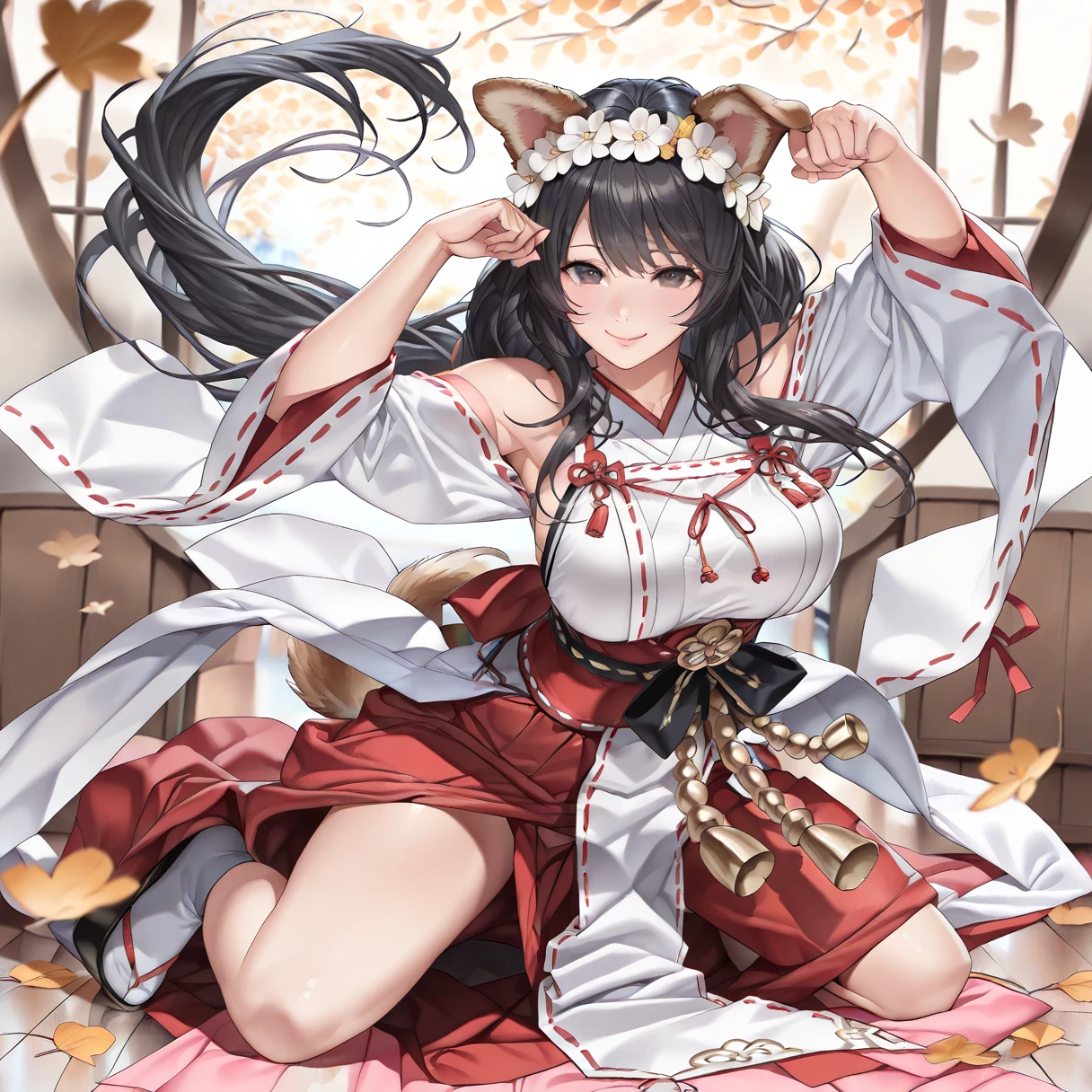 (Fox Girl, Fox Ears, Black colored hair, Fox Makeup, One Girl, Long Hair:1.6), (kimono, Kimono with open chest, A beautiful kimono with red and black patterns, I can see her cleavage, Open chest, Exposed skin:1.8), (Body size is 100-70-90!, Nice body, Big Breasts, Soft breasts, Emphasize cleavage, Knees are slightly visible, Muscular, Abdominal muscles, Grab your own chest:1.9), Avatar, face, lewd face, Dominant representation, naughty face, Uplifting, Skin Texture, outside, Grassy field