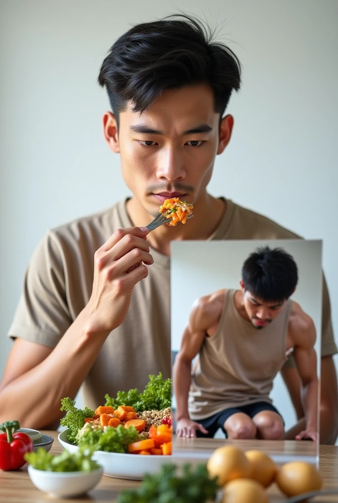 Skinny guy eating nutritious foods 