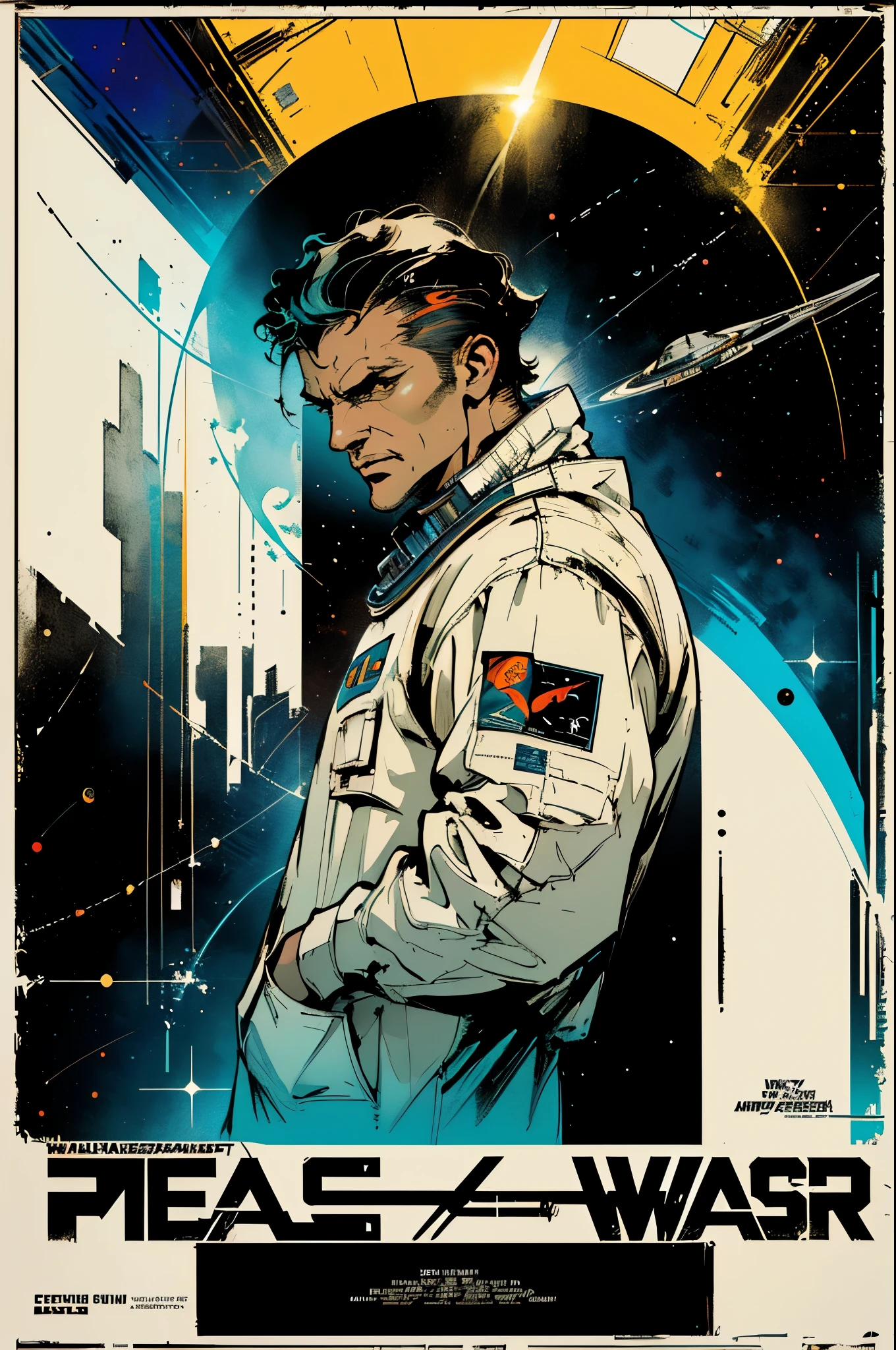 (((masterpiece,best quality))),32K Wallpaper,((( very detailed poster))),retro vintage,sci-fi,(((space thriller cinematic movie poster))),(((Bauhaus))),(((mid-century modern))),(((peace Walker))),
