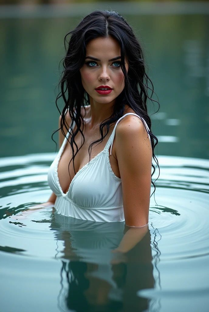 a beautiful woman emerging from water,closeup detailed face,wet hair,water drops on skin,early morning light,glowing skin, full red lips. Gorgeous face. Voluptuous hourglass body. Large breast. (95 DD size) Detailed epic Blue eyes.serene expression, ((Her whole body, up to her lips, is still in the water)). She has no warbler on her chin. photorealistic,8k,high quality,hyper realistic,cinematic lighting,dramatic shadows,natural colors,realistic water effects