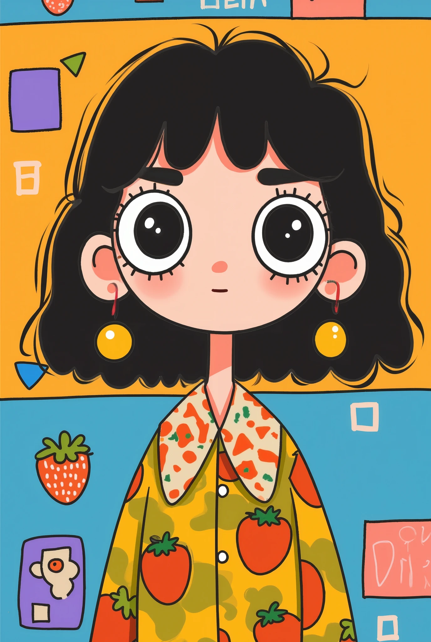 Flat wind，vector，Cartoon，  in the classroom ，, big eyes， has a lovely expression， bangs， Minimalist， women's shirt with big collar，Put together ，autumn，Lovely art style,  colorful! Digital illustration style, Mathematical Art.  colorful comic,   hand drawn cartoon art style ， solid background ，Black Line