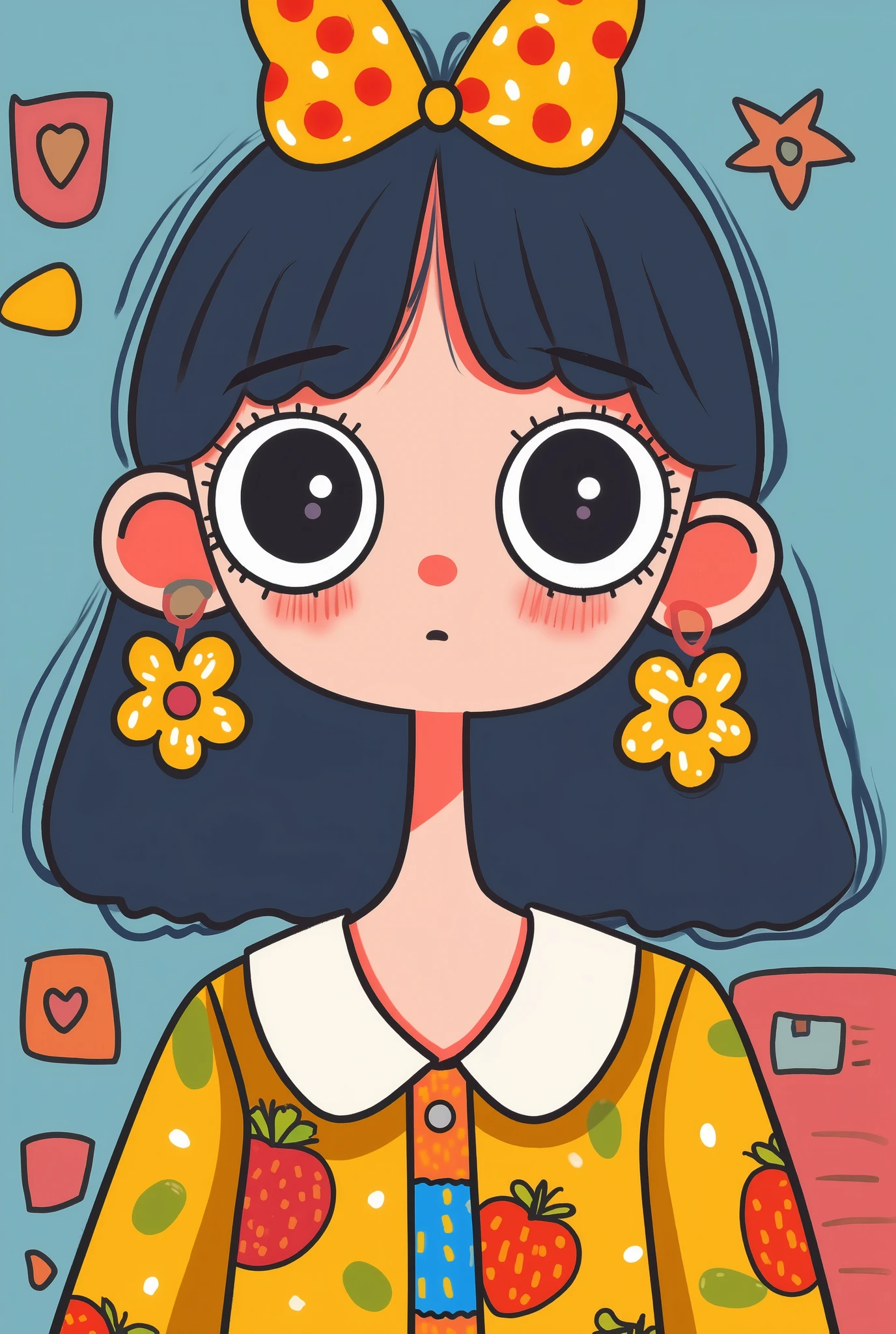 Flat wind,vector,Cartoon, in the classroom ,, big eyes, has a lovely expression, bangs, Minimalist, women's shirt with big collar,Put together ,autumn,Lovely art style, colorful! Digital illustration style, Mathematical Art. colorful comic, hand drawn cartoon art style , solid background ,Black Line