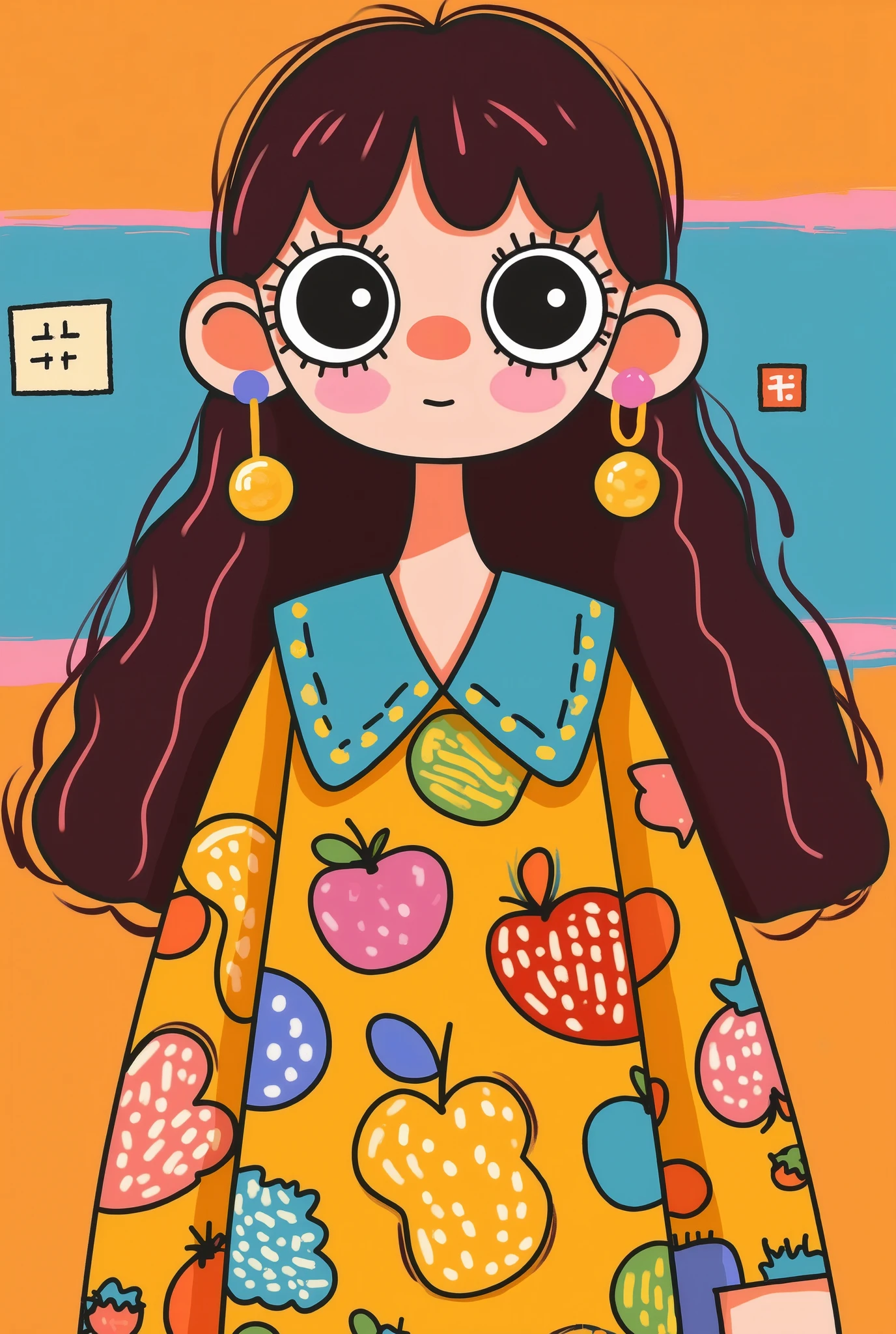 Flat wind,vector,Cartoon, in the classroom ,, big eyes, has a lovely expression, bangs, Minimalist, women's shirt with big collar,Put together ,autumn,Lovely art style, colorful! Digital illustration style, Mathematical Art. colorful comic, hand drawn cartoon art style , solid background ,Black Line