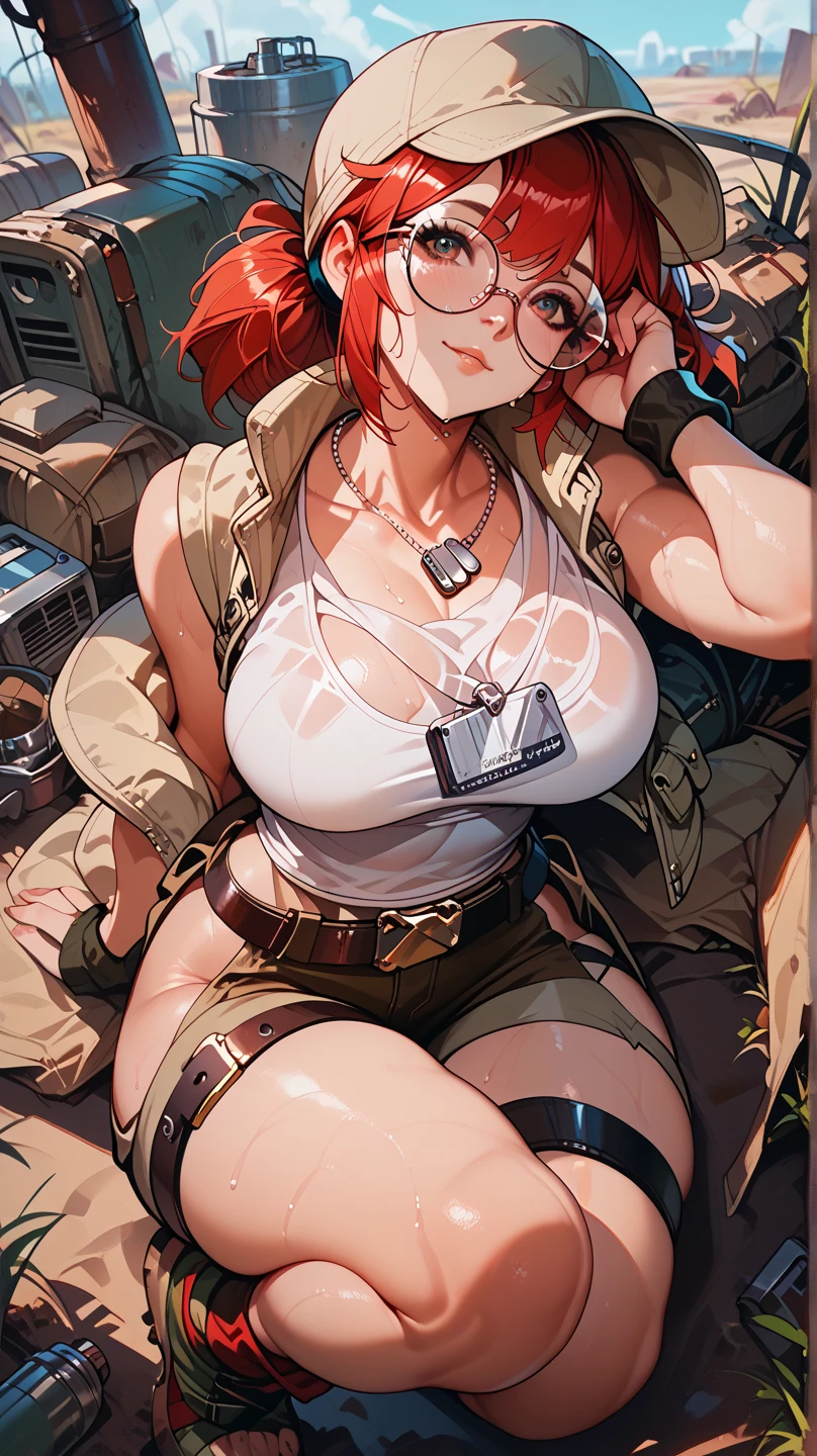 nsfw, anime screencap, 16K, perfect anatomy proportion body, perfect hands, action, A dynamic composition with a sense of speed and movement, (open cockpit, Ride a military bike:1.6), a wife, 40age, perfect beautiful delicate sexy face, perfect beautiful delicate slanted eyes, red hair, swept bangs pixie cut, medium breasts, Extremely small military micro bikini and loincloth, Many robot soldiers having a gunfight in the background, Flying bullets, Desert Battlefield, war, Post-apocalyptic,,