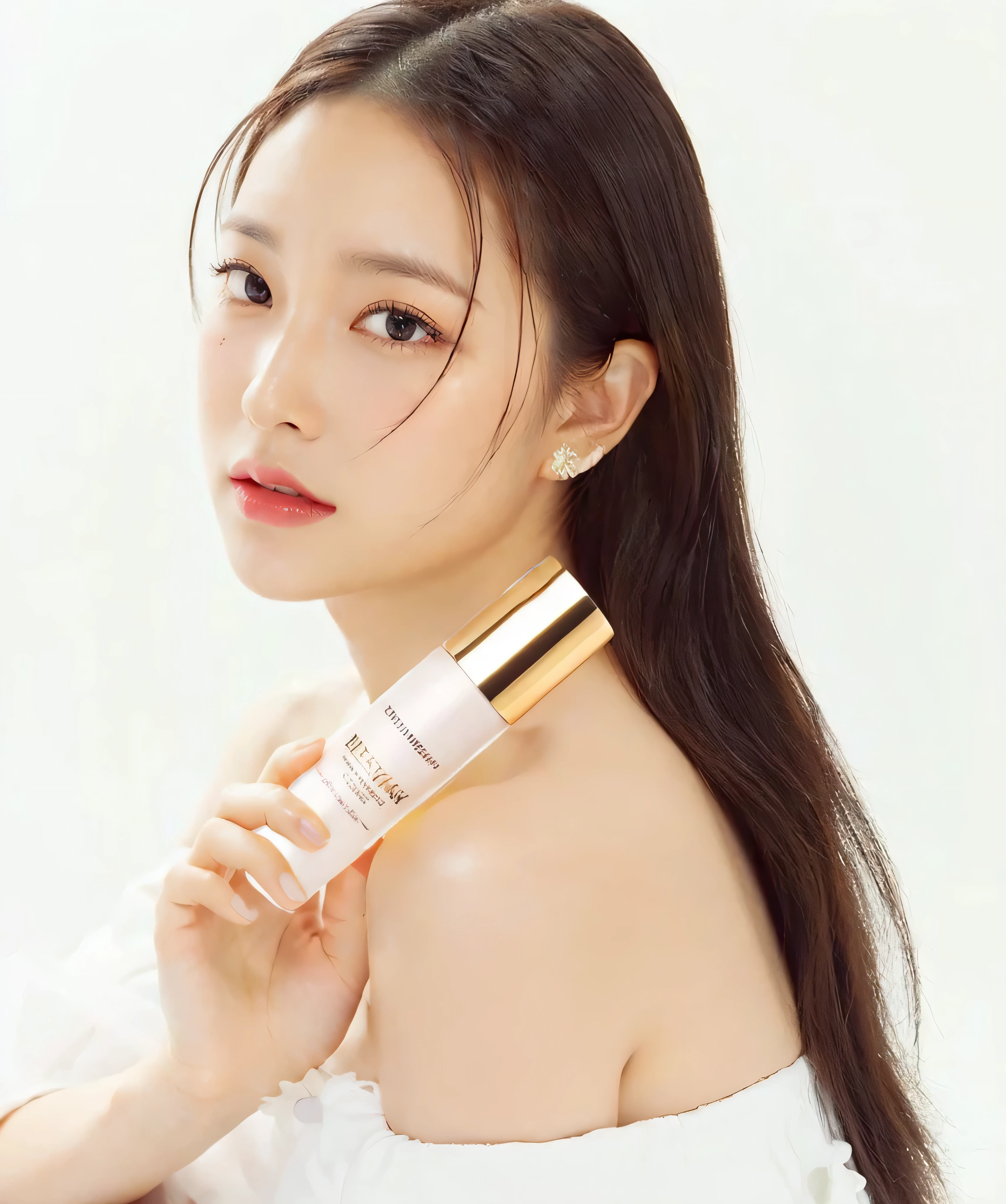 Close-up of a korean woman holding a bottle of liquid,  Skincare brand photo ,  Huang Shi-wen  , Lee Ji-eun, Li Zhien, Dilireba, Beauty Activity , Sha Xi, Bae Suzy, Gongbi,  Popular Korean cosmetics , Cui Xianhua,  Pintang,  Popular South Korean makeup , Li Zixin.
 Masterpiece,  Super detail , Reality, photo Reality,  High detail RAW color photo , Professional photos,   Very Fine ,  Detailed Drawing ,  lens light , Dynamic Light , 【8k,  original photo of the bedroom, best high quality,  Masterpiece: 1.2,   Ultra HD: 1,  High detail RAW color photo , Professional photos, Reality, Photo Reality: 1.5,  Live Photos ,  Super detail ,  Masterpiece,  Real Skin , Reality Skin, Reality HD Eyes,   Highly detailed eyes  ,  The Perfect Eye ,  perfect face ,  Just focus on  ,   Very Fine  face,   Very Fine  eyes,   Very Fine  skin,  Perfect Anatomy.