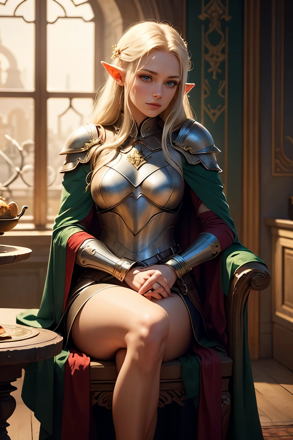 8K,Model Chute Style、(the Extremely Detailed CG Unity 8K Wallpaperull-shot body photo of the most beautiful artwork in the world、Front Fours Pose,elvish、Blonde Mohawk,Green Valley、Sexy chest armor in black and gold.Black skirt,Pearl skin、Diamonds、Medieval architecture、Edbrink、Ateigairan、Studio Ghibli、Jeremy Mann、Greg Munchez、Antonio Moro、Trending on ArtStation、Trending in CGSighbour、 Dense and、Up to detail、Sharp focus、Dramatic and photorealistic painting art by Midjourney and Greg Rutkowski,Sexy costume,large full breasts,Green eyes,Look at viewers,beautiful expression,Emphasizes cleavage,