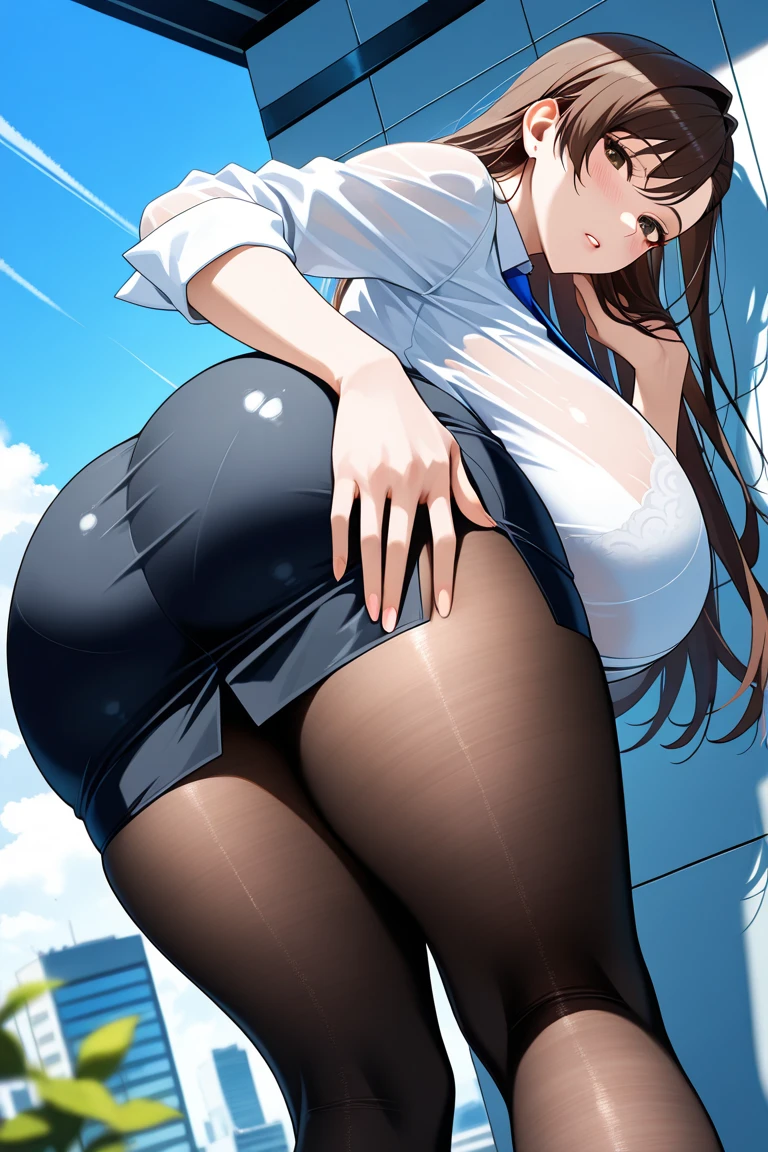 (Magazine Cover:1.8)、(((Perfect photo))), One Girl, alone, , Azusa Nakano, , Jacket, View your viewers, smile, (Huge Ass), SFW with hidden ass, Big bountiful ass!, SFW Big, Beautiful and seductive anime woman, Huge bountiful ass!!, Bust ratio adopted,Protruding pubic bone、Moriman、The labia majora are swollen with subcutaneous fat、((Visibly enlarged female external genitalia))、The pubic mound is big、The cracks extend upwards、 Highest quality, Official Art, Browsing Caution, Best Anatomy, (Semi-transparent and super shiny bike shorts,:1.5)、Super shiny skin、Sexy pose、Cowboy Shot, (Close-up from below)、From the back