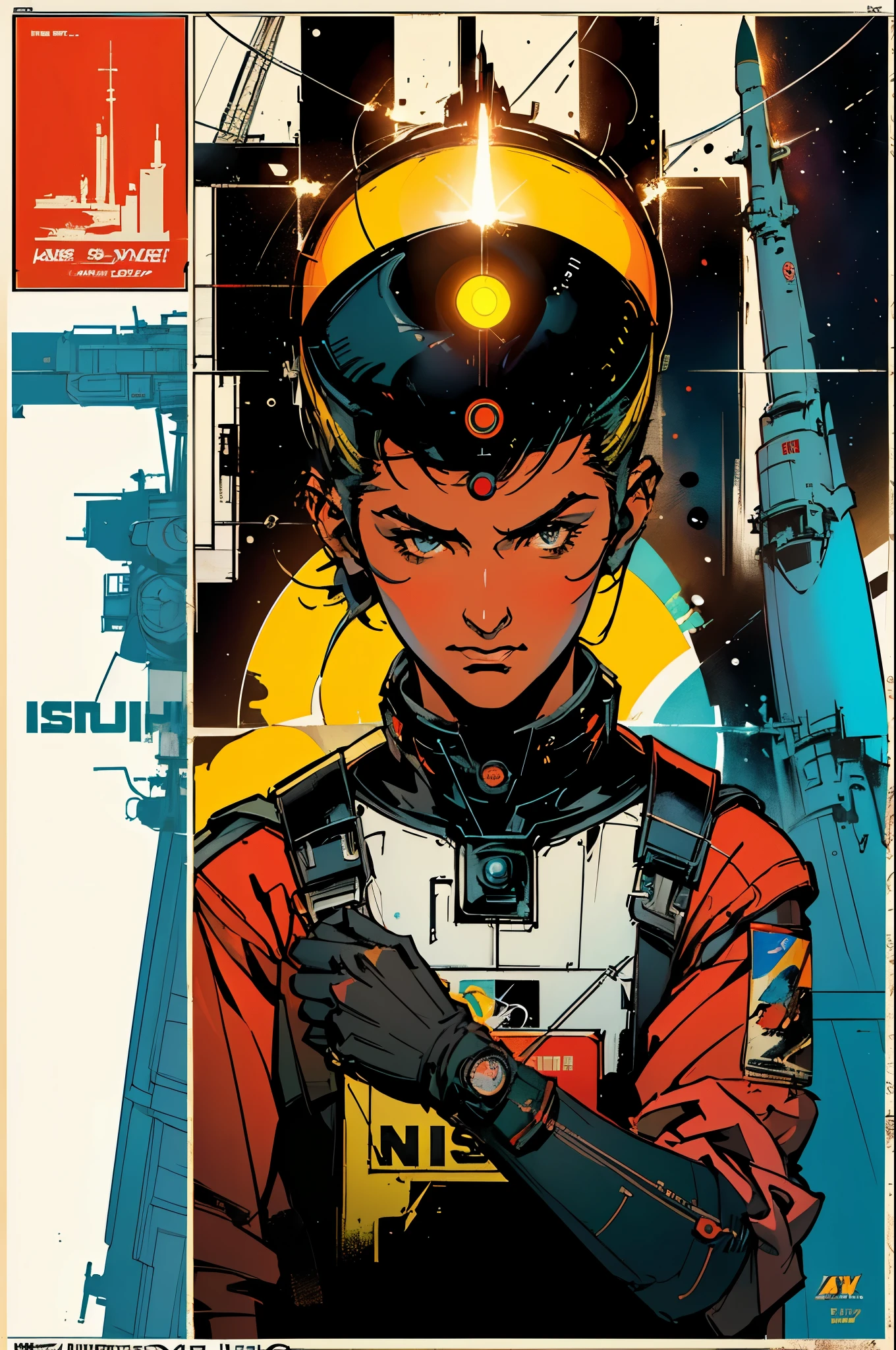 (((masterpiece,best quality))),32K Wallpaper,((( very detailed poster))),retro vintage,sci-fi,(((space thriller cinematic movie poster))),(((Bauhaus))),(((mid-century modern))),(((stinger missile))),