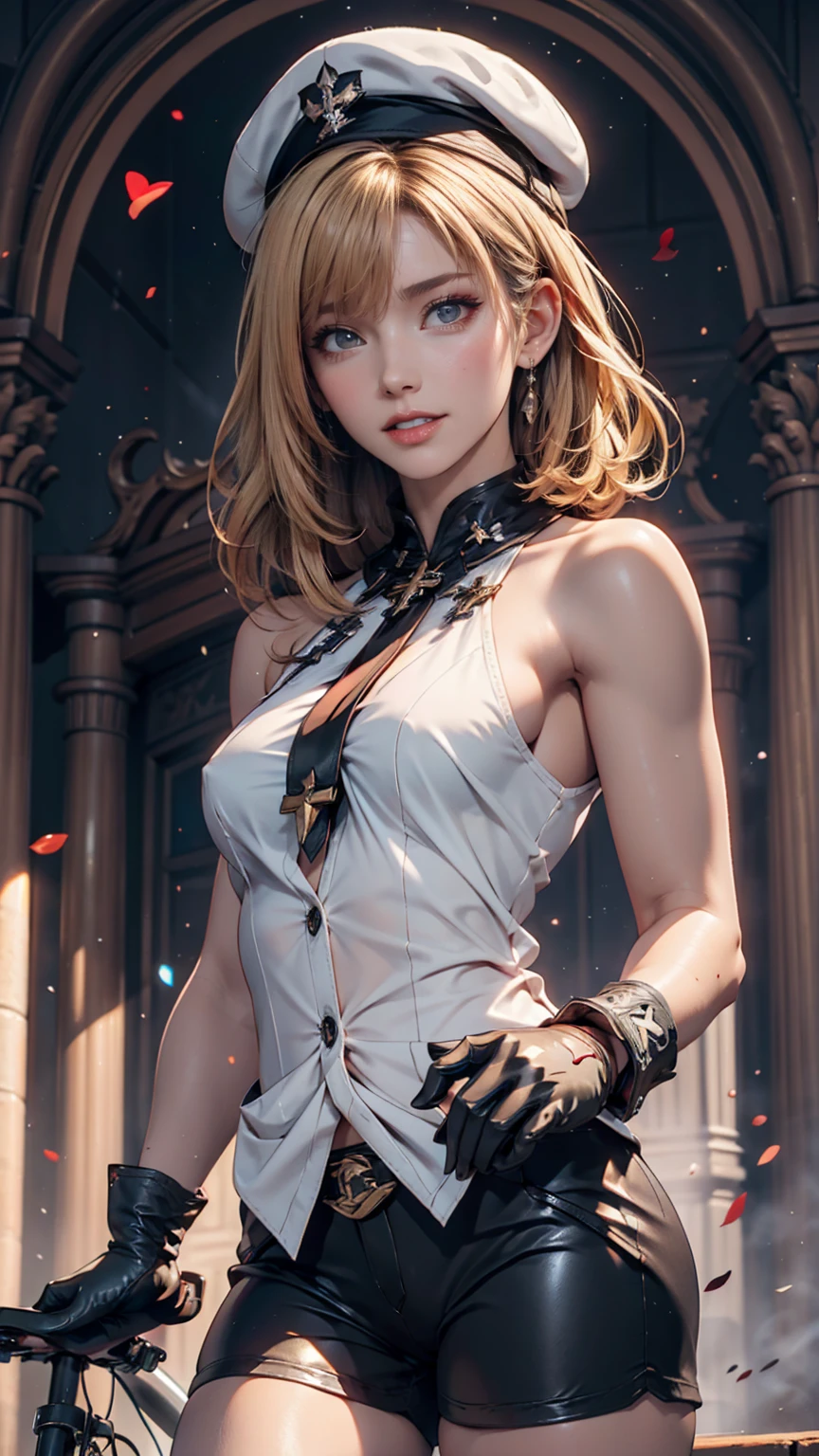 8K, RAW Photos, highest quality, masterpiece:1.2), (Realistic, photo-Realistic:1.37)、Earrings, eyelash, pantyhose、Sexy and provocative smile、 (Shiny skin:1.05)、Venus Body、Having her hair done、My chest is popping out、Wear accessories on your wrist、Wearing accessories on the ankle、Background blur((depth of field)、23 year old white female、Silver Hair、long hair、blue eyes、sleeveless little black dress((little black dress))Wear、Wear a black choker、Opera Globe((opera glove))put on one's arm