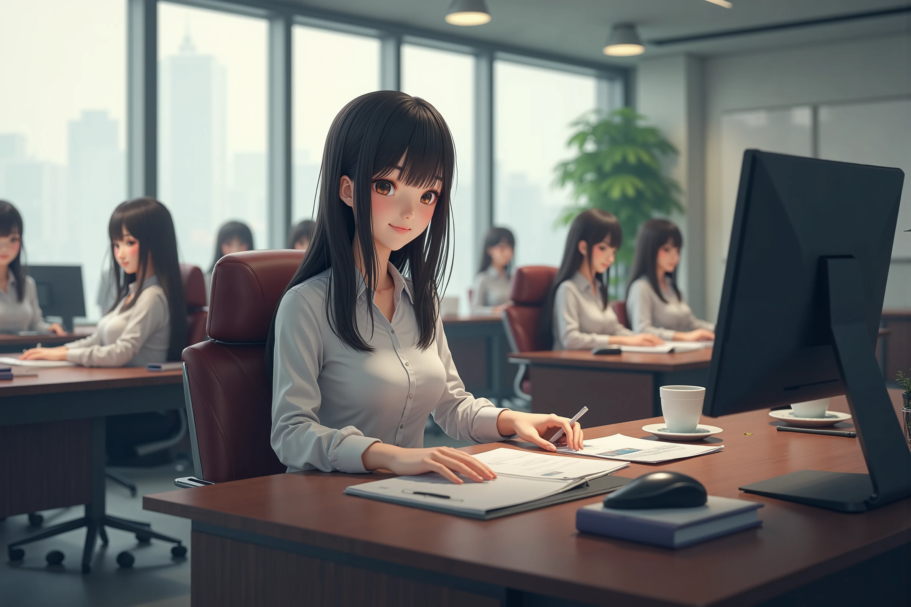 (myself = Clone girls, myself only world, Japanese Girls), (Super Best masterpiece Raw Photography Art), (16k, best image quality, ultra high resolution, RAW photos ), (cute, smile, Super Big Breasts , full body depiction, long straight hair, black hair, suit casual office lady fashion), The office of the president's secretary of a large company is large, desk work with PC, reception, myself clone girlsの増殖,